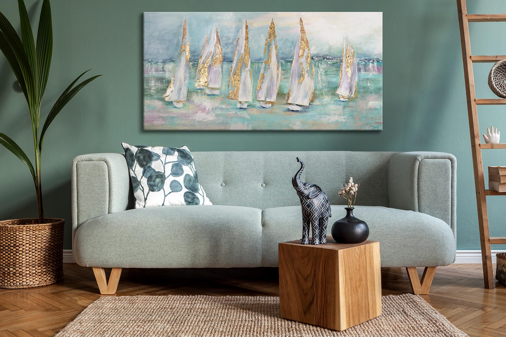 YS-Art Bellissimo murales per il Soggiorno barche a vela paesaggio marino in blu con oro moderno arredamento casa Immagini arte moderna 200x100 cm