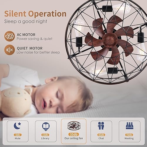 Miniatura 7 de REDSTAR Ventilador de techo enjaulado de montaje empotrado con luces, ventiladores de techo pequeños sin aspas de 20 pulgadas con control remoto,