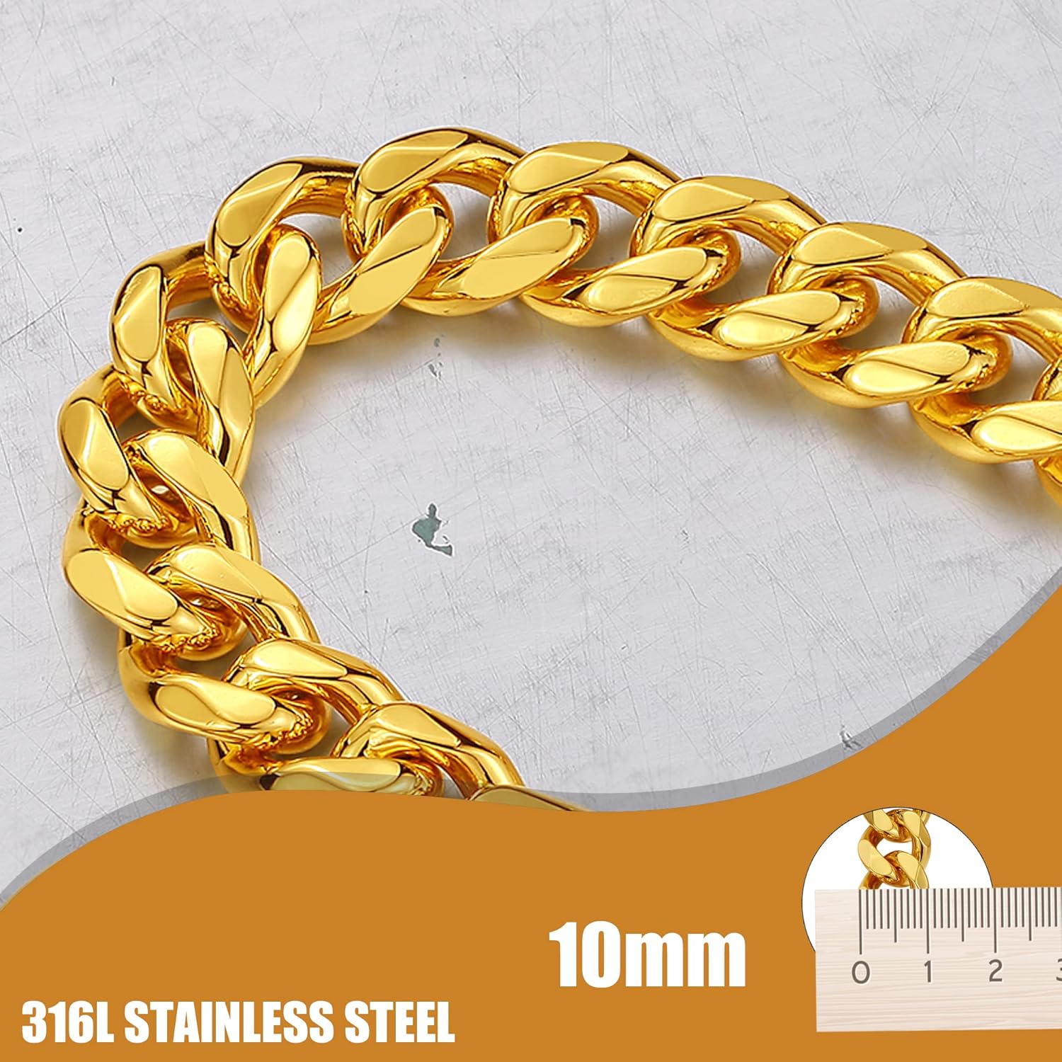 Dog Chain Leash Gold Dog Leash 4FT 18K Gold Stainless Steel 10mm Cuban Link Dog Leash with Comfortable Genuine Leather Handle for Puppy Small Medium Large Dogs(G, 4.3FT)