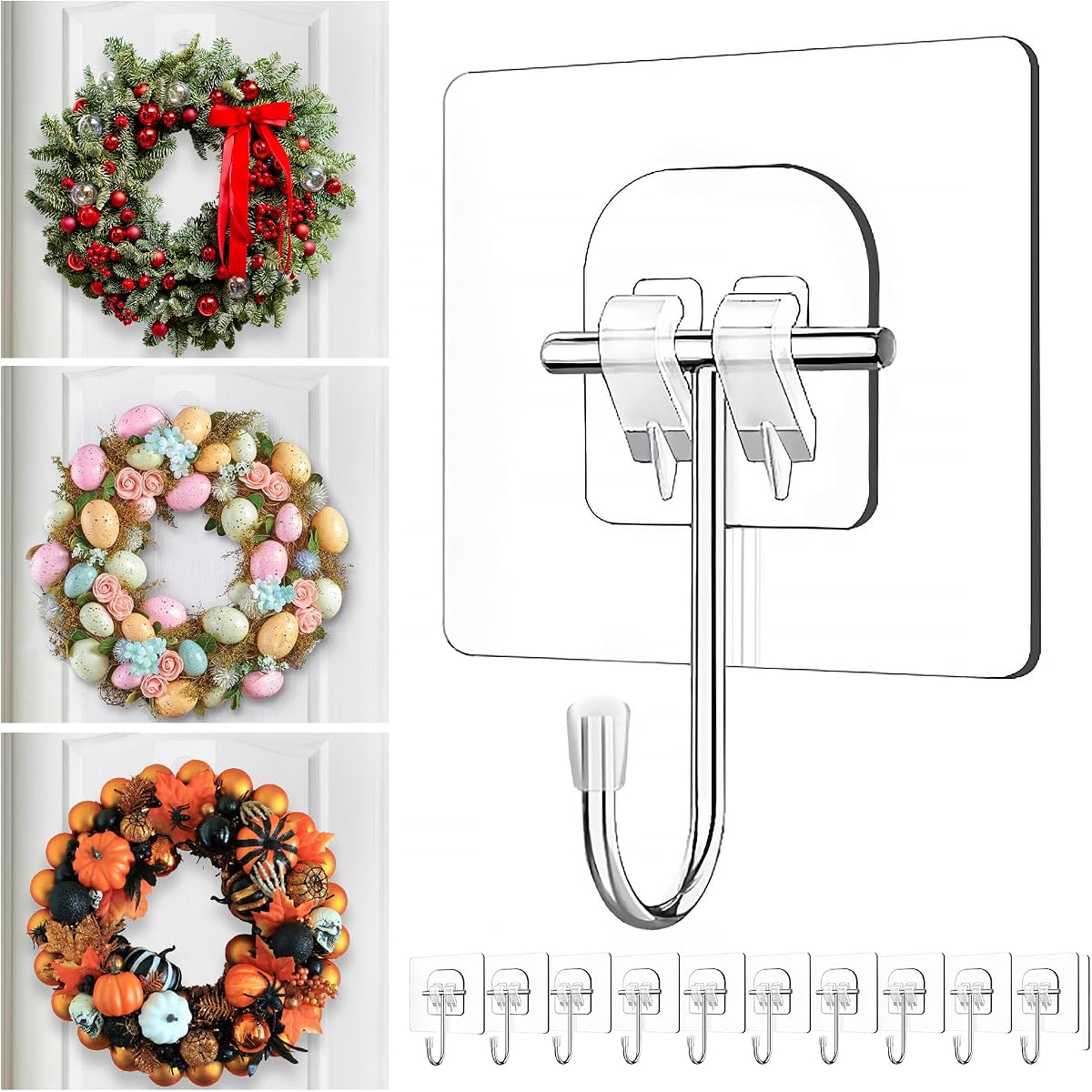 JUUBAOOPN 10 Pack Heavy-Duty Wreath Hangers for Front Door – Seasonal Christmas & Halloween Decorations, Over-The-Door Hooks Organizer, Clear Adhesive Hooks