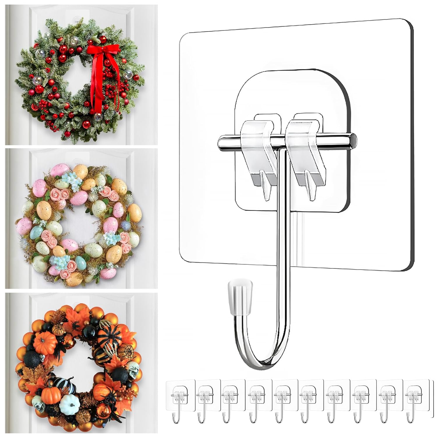 Wreath Hangers for Front Door Large Adhesive Wall-Hooks-for-Hanging-Heavy-Duty 10 Pack Christmas Halloween Decorations Fall Wreath-Door-Hanger Over The Door