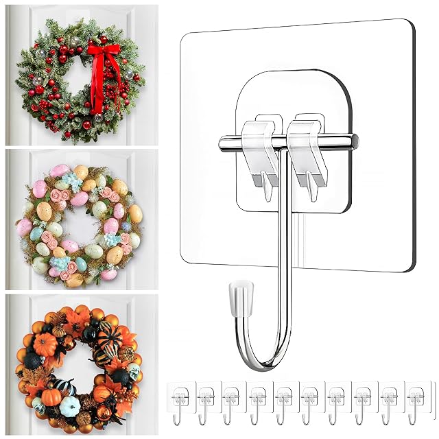 Wreath Hangers for Front Door Large Adhesive Wall-Hooks-for-Hanging-Heavy-Duty 10 Pack Christmas Halloween Decorations Fall Wreath-Door-Hanger Over The Door