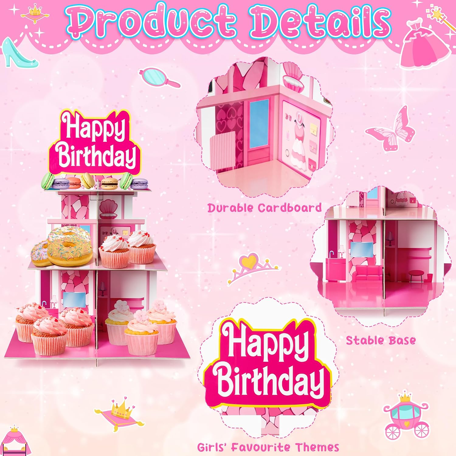 Pink Cupcake Stand for Girls- 3 Tier Birthday Party Decorations