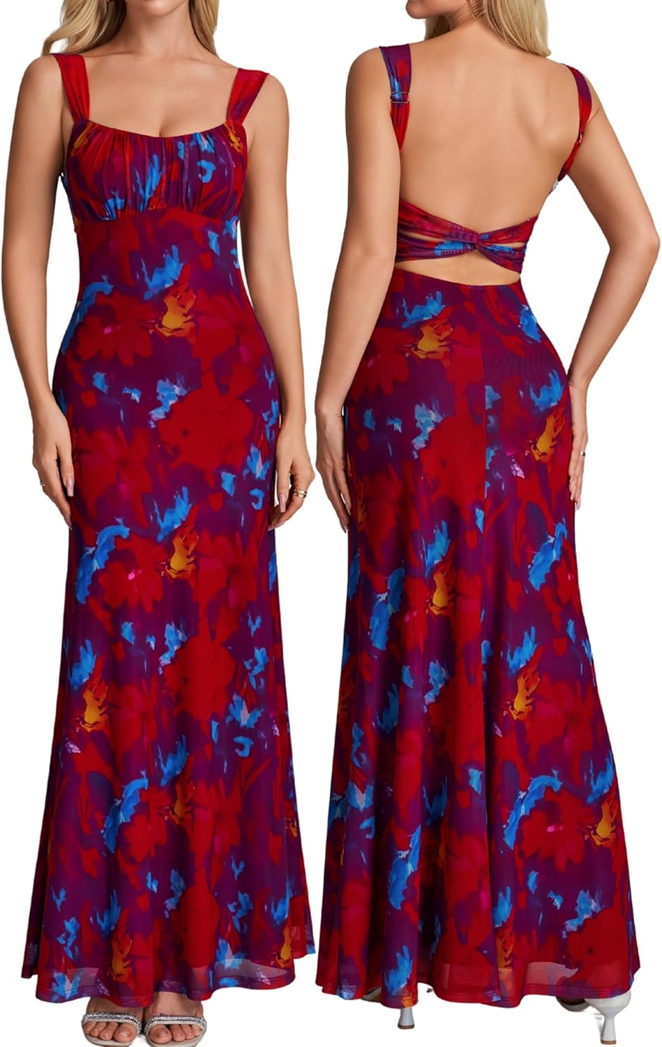 Parthea Womens Summer Floral Maxi Dress 2026 Sleeveless Square Neck Bodycon Wedding Guest Party Beach Long Dresses