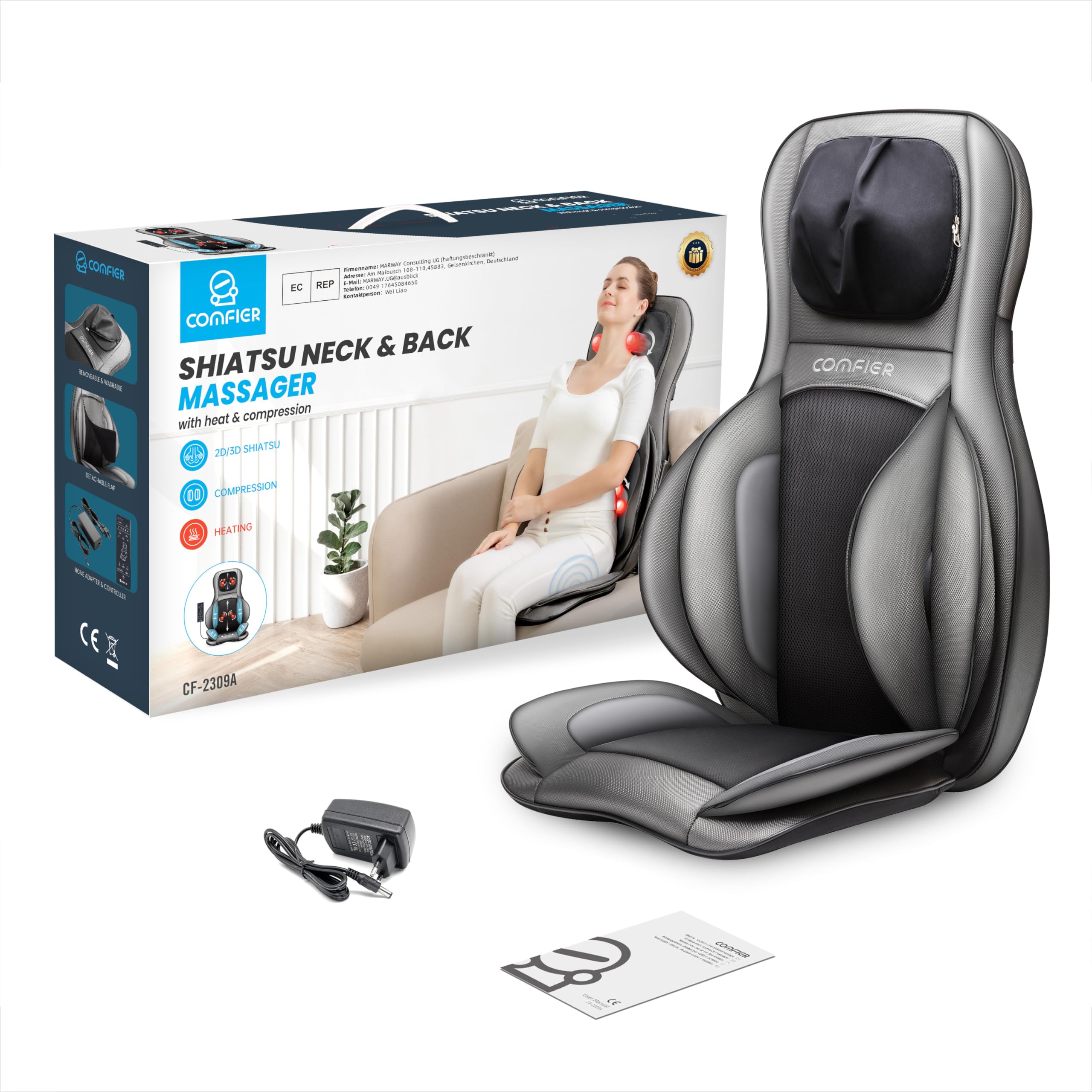 COMFIER Siège Massant Shiatsu pour Dos & Cou - Masseur de Dos Complet à Pétrir 2D / 3D avec Chaleur et Compresse réglable, Fauteuil Massant pour hanche/nuque/dos, Masseur Complet du Corps