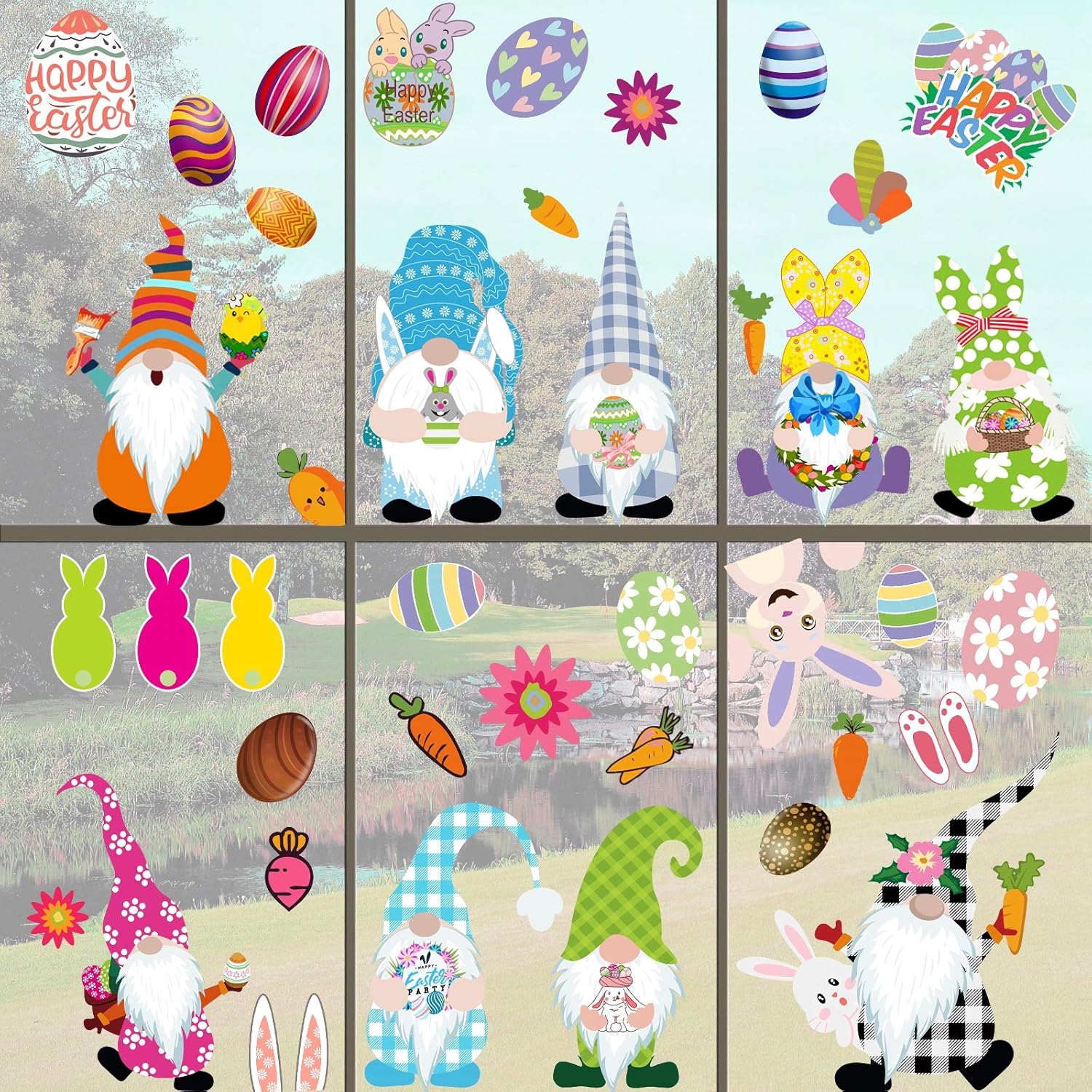 WENWELL Easter Bunny Gnome Window Clings Decorations for Glass,Cute Rabbit elf Carrot Eggs Home Decals Decor for Kids,Spring Summer Door Stickers for Holiday Party,9 Sheets