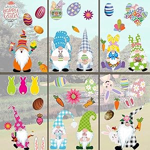 WENWELL Easter Bunny Gnome Window Clings Decorations for Glass,Cute Rabbit elf Carrot Eggs Home Decals Decor for Kids,Spring Summer Door Stickers for Holiday Party,9 Sheets
