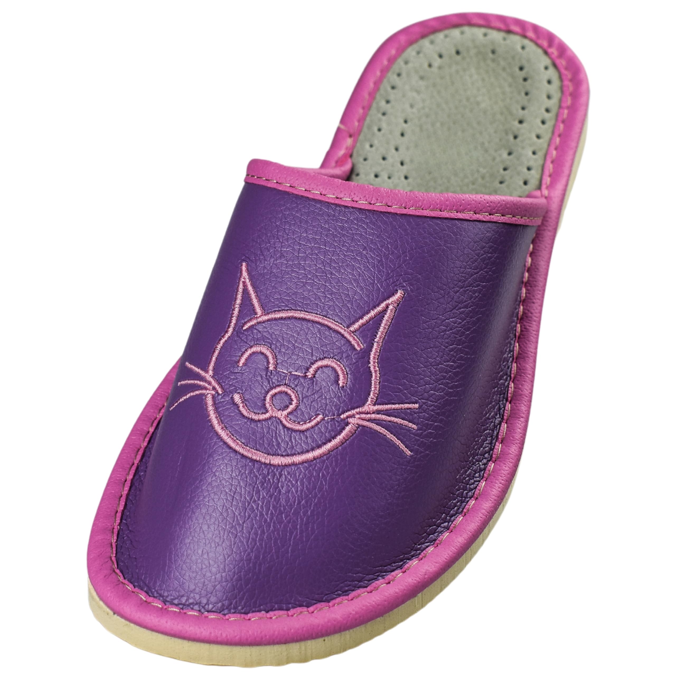 APREGGIO Katze Damen Lederhausschuhe Geschlossen 36 bis 41 | Echtes Glattleder, rutschfeste Gummisohle, handgefertigt, leichter Keilabsatz, Slip-On