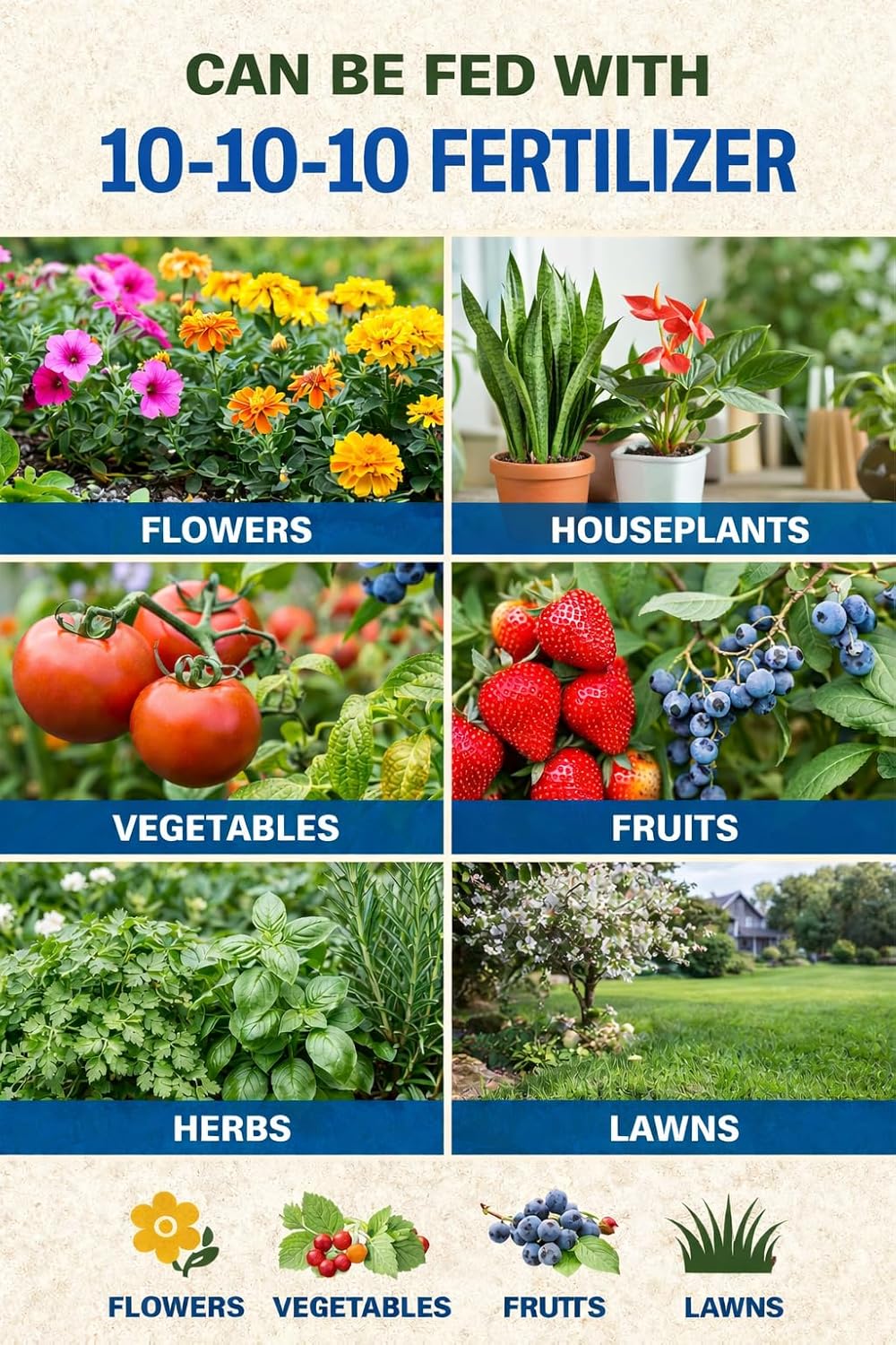 10-10-10 General All Purpose Fertilizer for Flowers and Vegetable Beds - Raised Garden Beds - Safe for Fruits, Lawns, Grass - Promotes Soil Heath and Growth (10 Pounds)