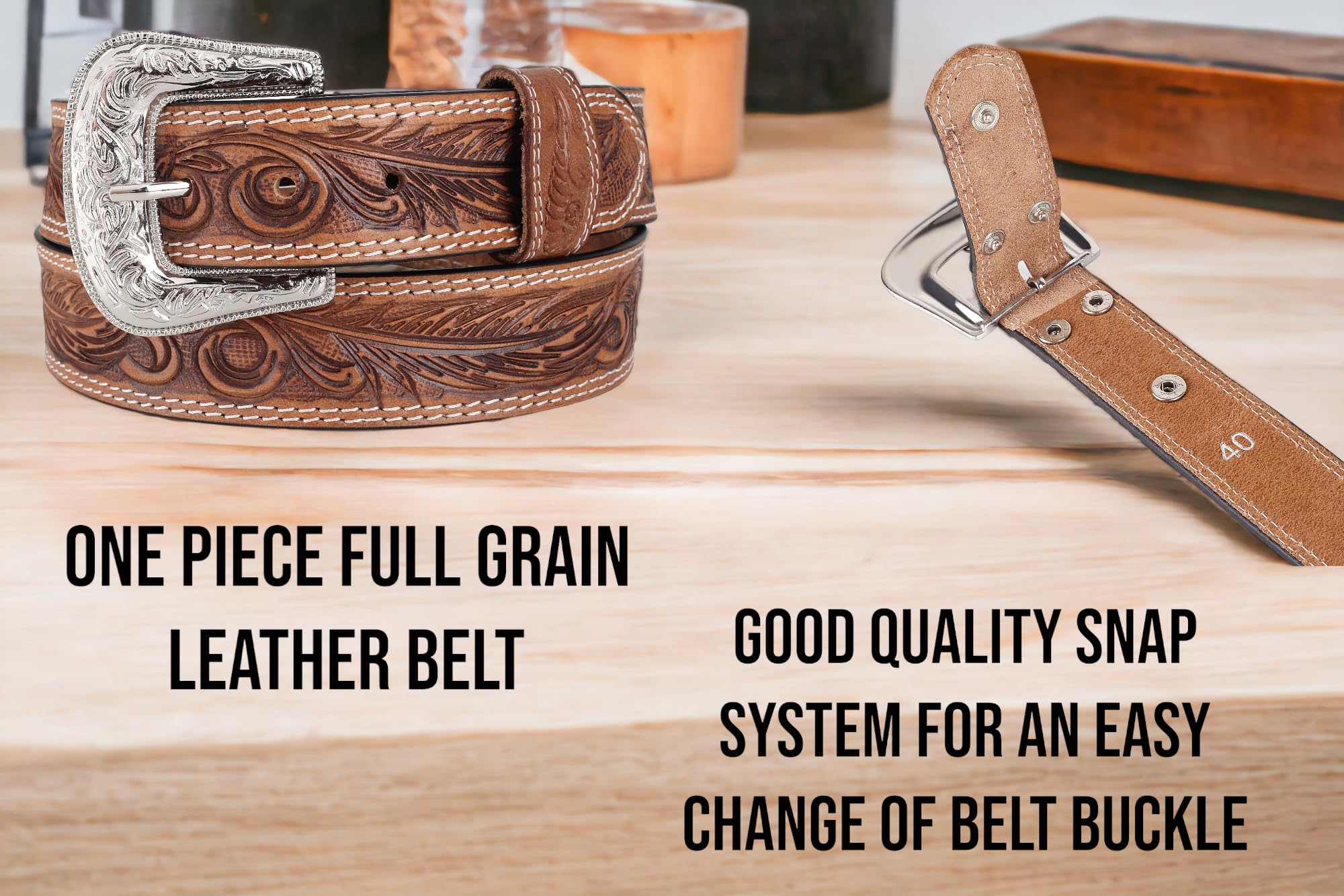 F&L CLASSIC mens Western full grain Leather belt Strap w/Snaps for Interchangeable Buckles, USA,7-941-06-size 38
