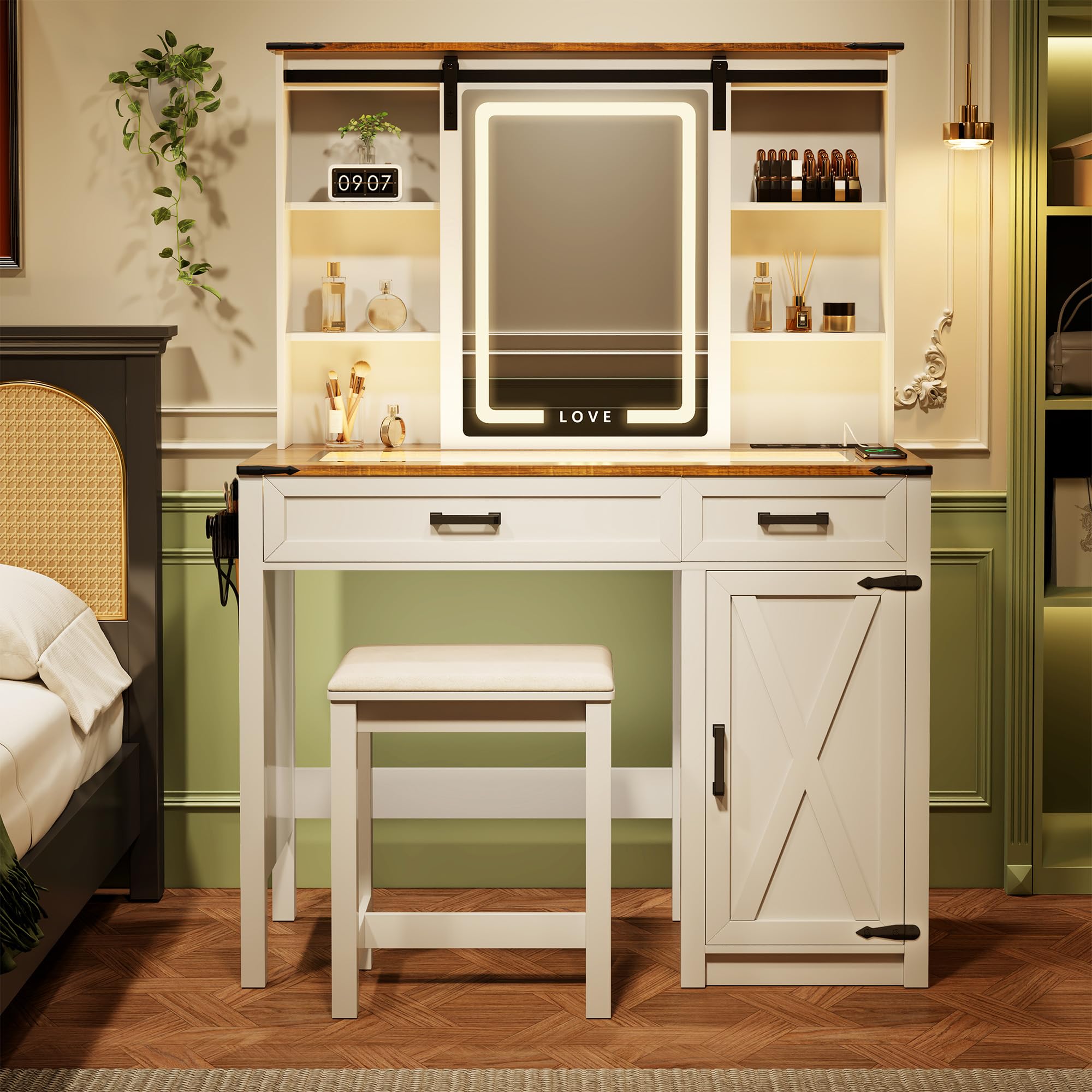 TAGELIER Farmhouse 3 in 1 Vanity Desk Mirror with Lights with Charging Station,Glass Top Vanity Table with Drawers&Shelves,Rustic Big Makeup Desk for Bedroom/Cloakroom,Stool Included,White