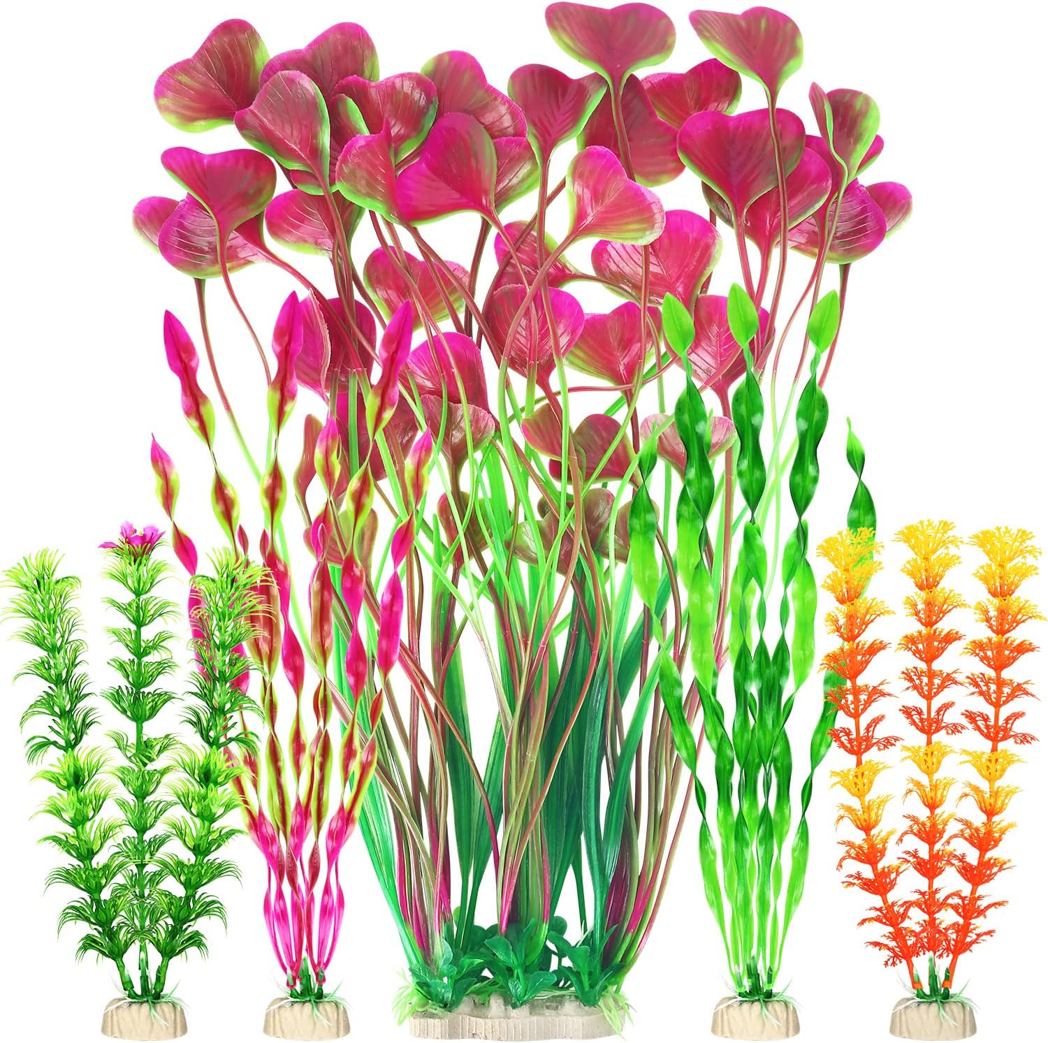 Borlech Aquarium Plants Decorations, Fish Tank Large Artificial Plastic Plant Decoration Set 5 Pieces (Rose Red)
