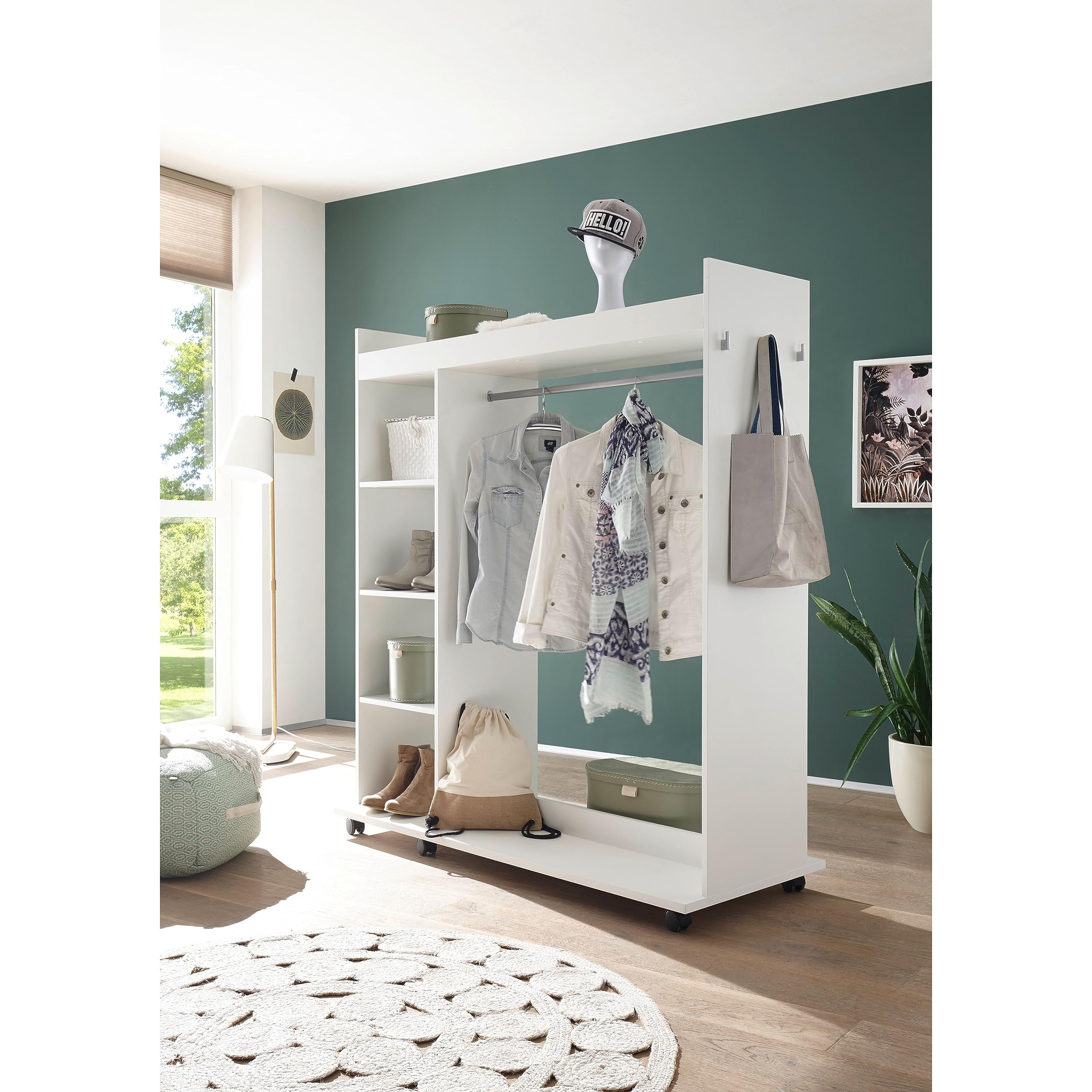 VINNIE Offener Kleiderschrank mit Spiegel auf Rollen, Weiß - Fahrbarer Kleiderständer mit cleverer Inneneinteilung - 138 x 150 x 56 cm (B/H/T)