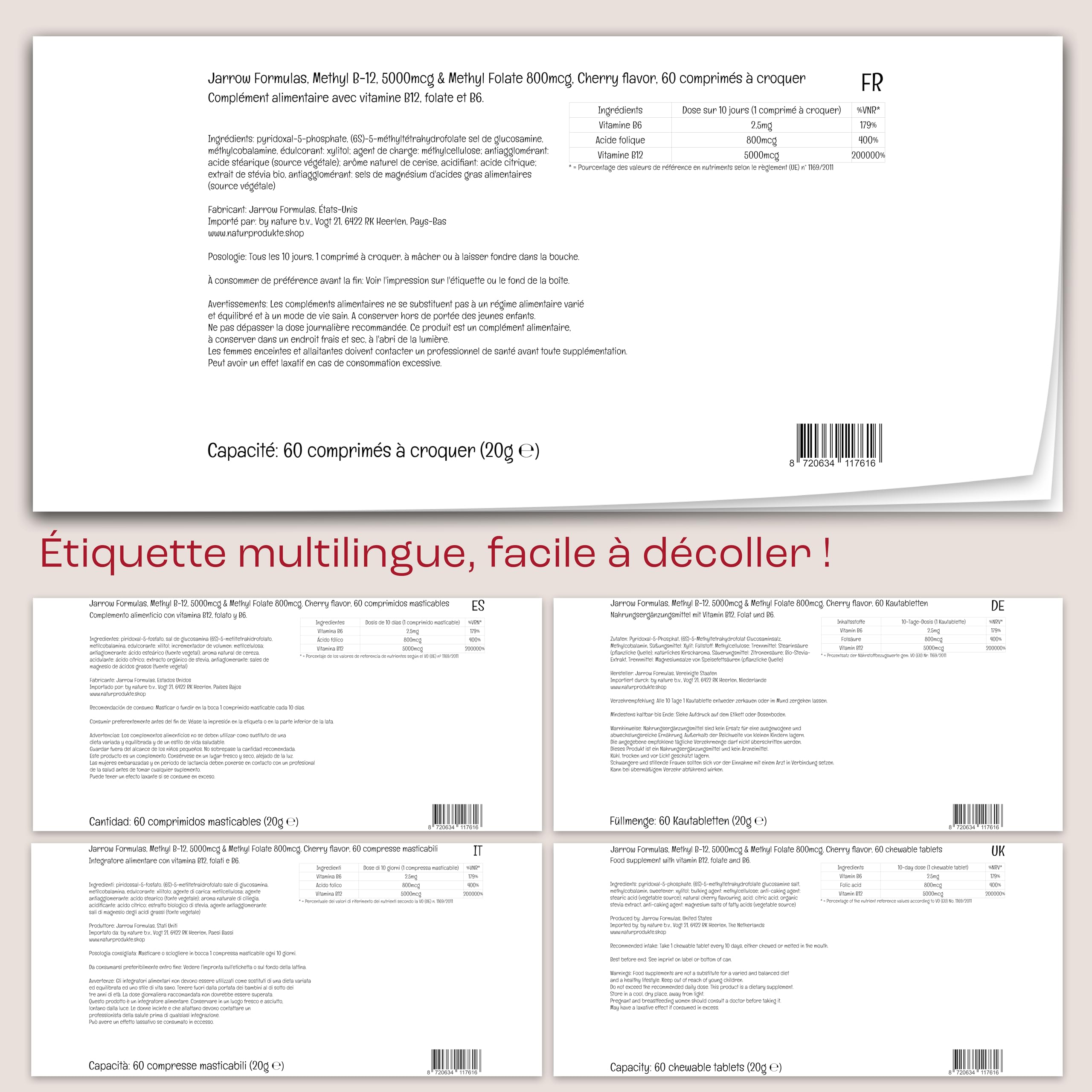 Jarrow Formulas, Methyl B12, 5.000mcg/Methyl Folate 800mcg, 10-Jours-Dépôt, Goût Cerise, 60 Comprimés végétaliens, Sans Gluten, Végétarien, Sans Soja, Sans OGM