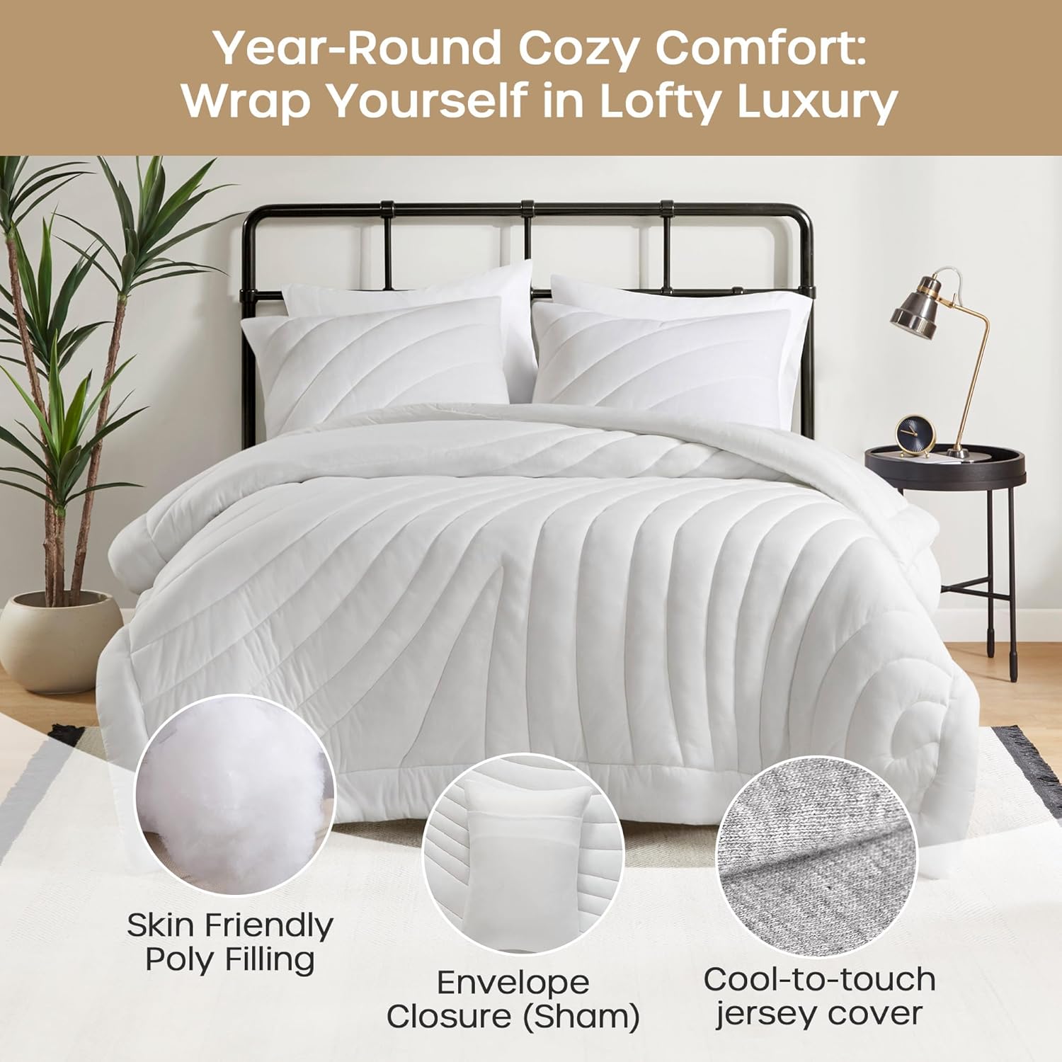 Intelligent Design Queen Comforter Set 350gsm Overfilled Puffy Quilting Jersey Comforter Queen Size, Modern All Season Lightweight Bedding Set Queen, Matching Shams, Juniper, Full/Queen, White 3 Piece