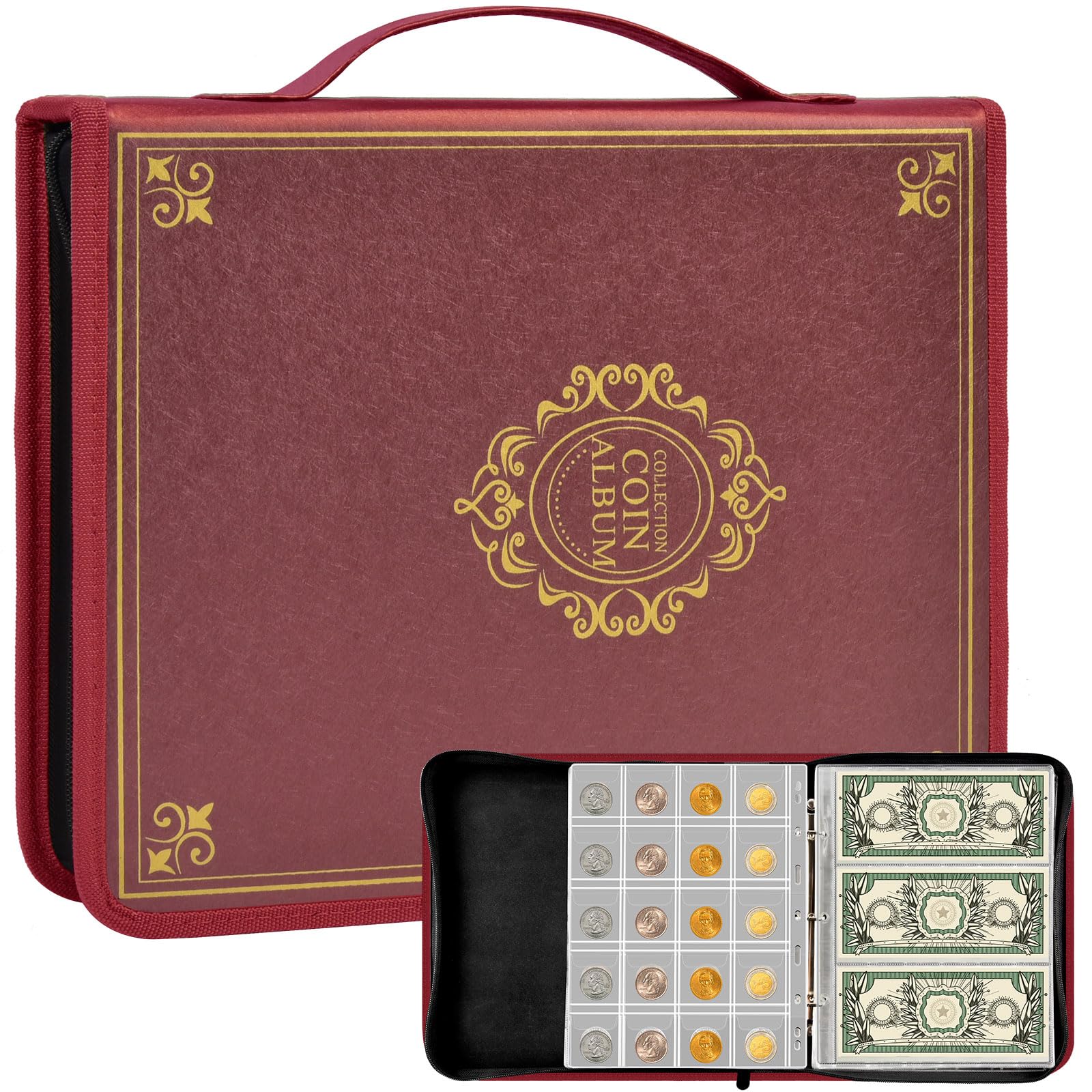 Coin Collection Book Holder for Collectors, 200 Pockets Coins Collecting Album & 30 Sleeves Paper Money Display Storage Case for Currency Collection Supplies (200+30 paper money binder)-Red