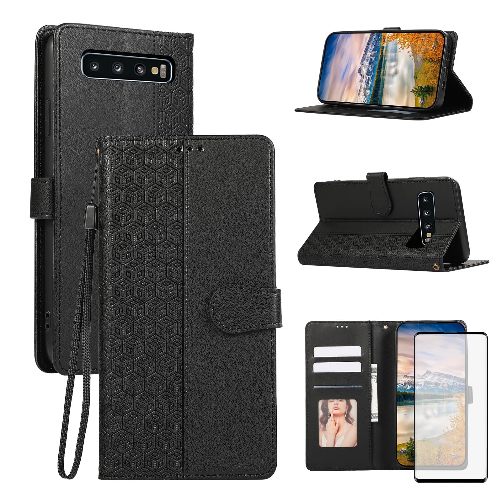 Asuwish Phone Case for Samsung Galaxy S10 Plus Wallet Cover with Tempered Glass Screen Protector and Wrist Strap Flip Credit Card Holder Slot Stand