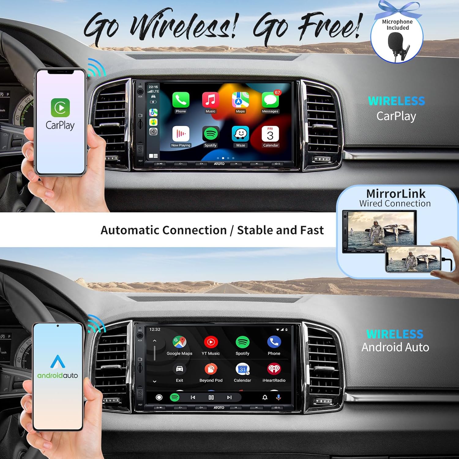 Image showing a car stereo display with Wireless CarPlay and Wireless Android Auto interfaces, along with a phone connected via MirrorLink.
