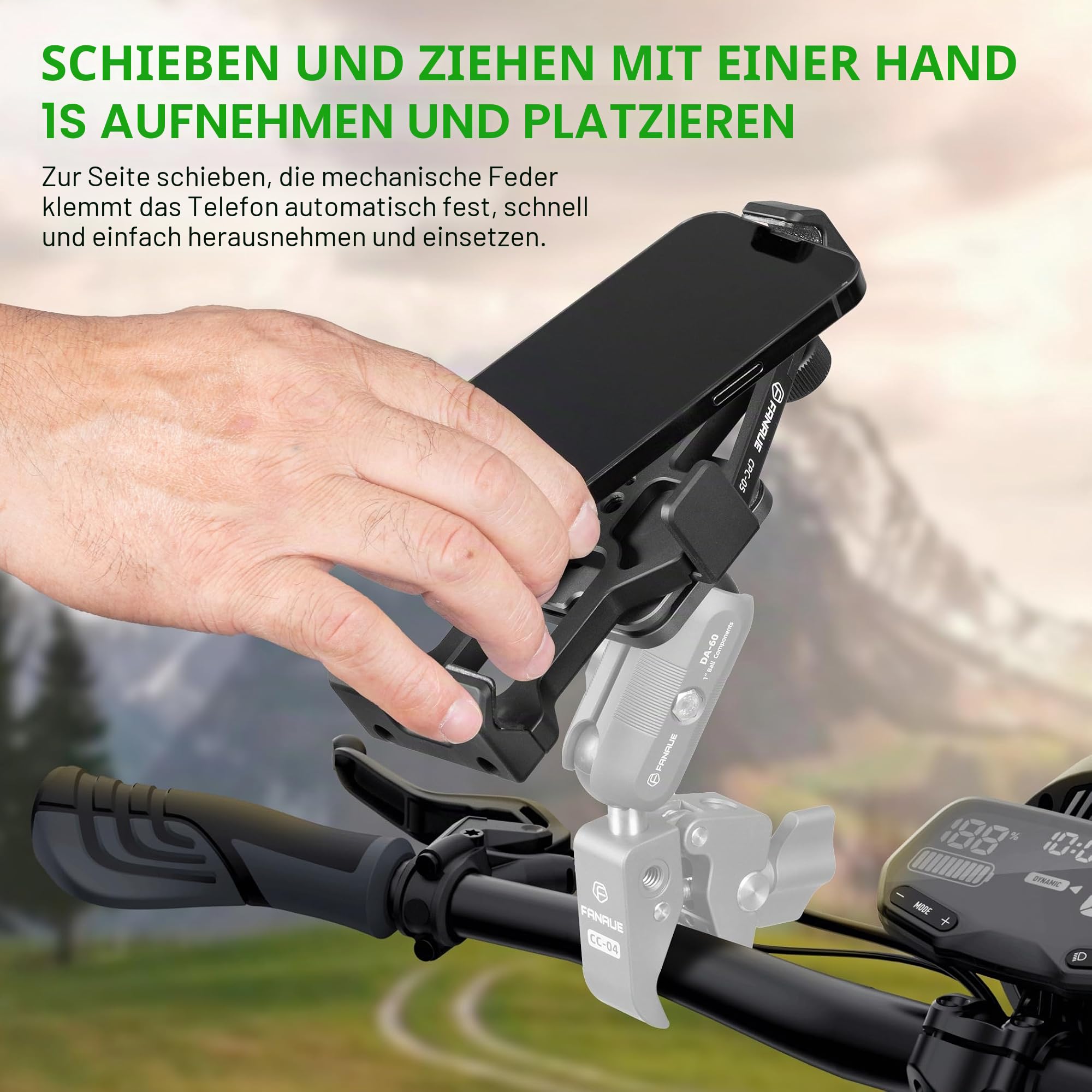 FANAUE CPC-05SA Anti-Vibration-Motorrad-Telefonhalterung mit 2,5 cm Kugelkopf für RAM-Halterungen, B-Größe, Doppelbuchsenarm und Fahrrad-Handyhalter für 5,5-7 Zoll Smartphone, Anti-Locker-Knopf,