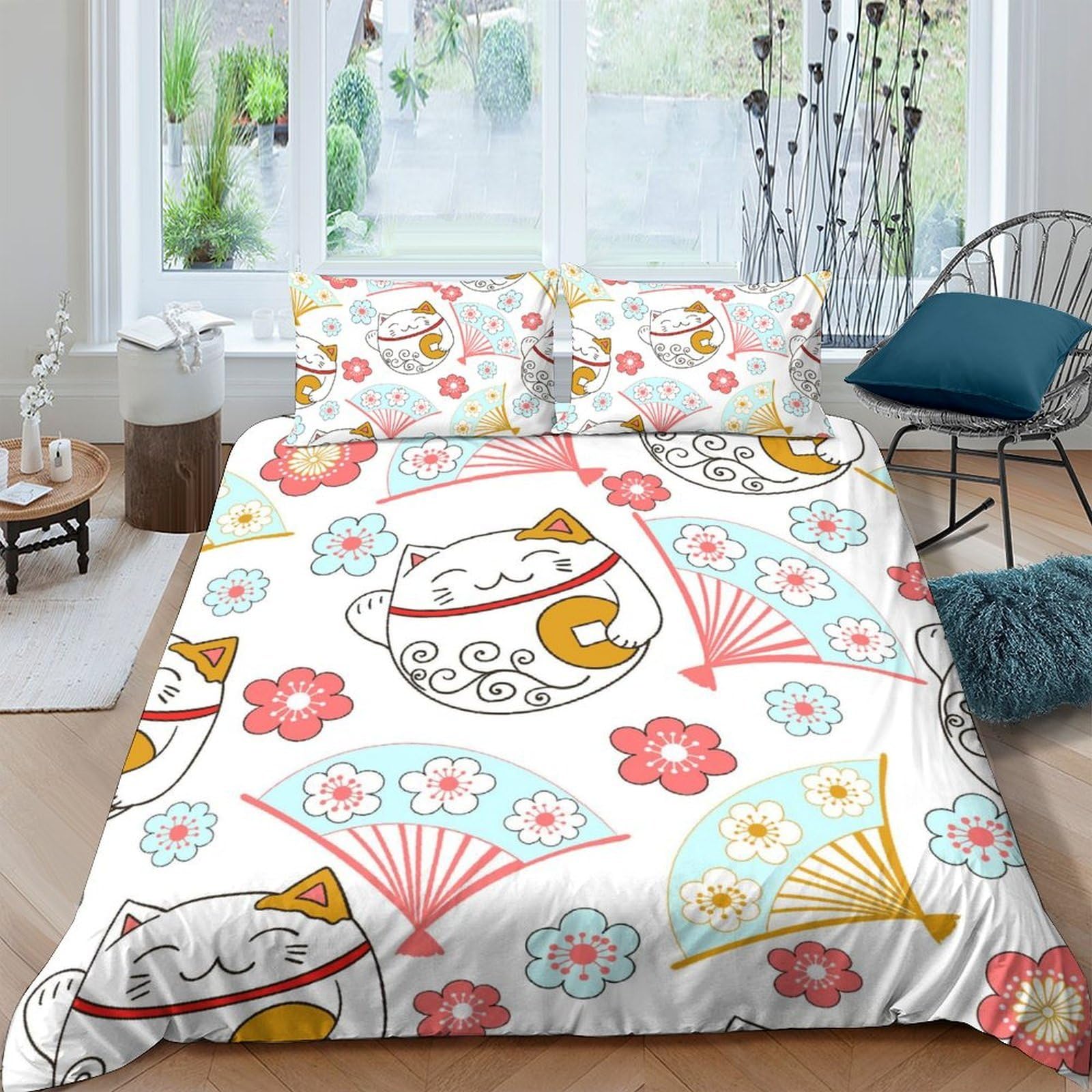 TUFRTGYHN 3D Printed Lucky Cat Duvet Cover Microfiber Soft Floral Japanese Bedding Set with 2 Pillowcases for Bedroom Decor Single（135x200cm）