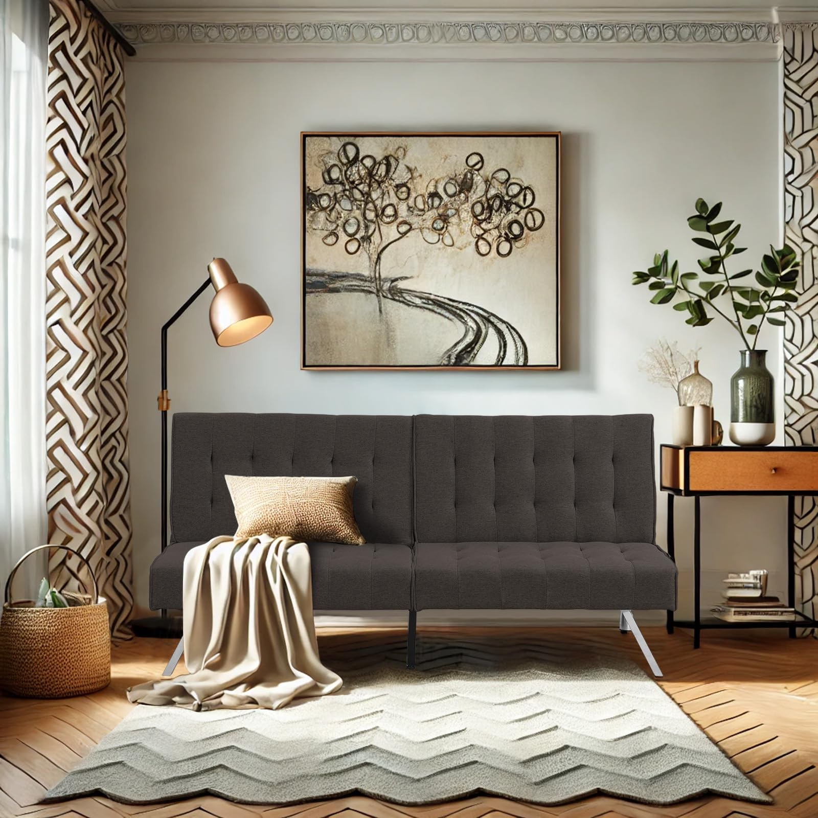 Convertible Sofa Bed Adjustable Couch Sleeper - Fabric Loveseat Futon Bed with Breathable Chenille, Metal Legs, and Adjustable Lounge - Perfect for Compact Living Space