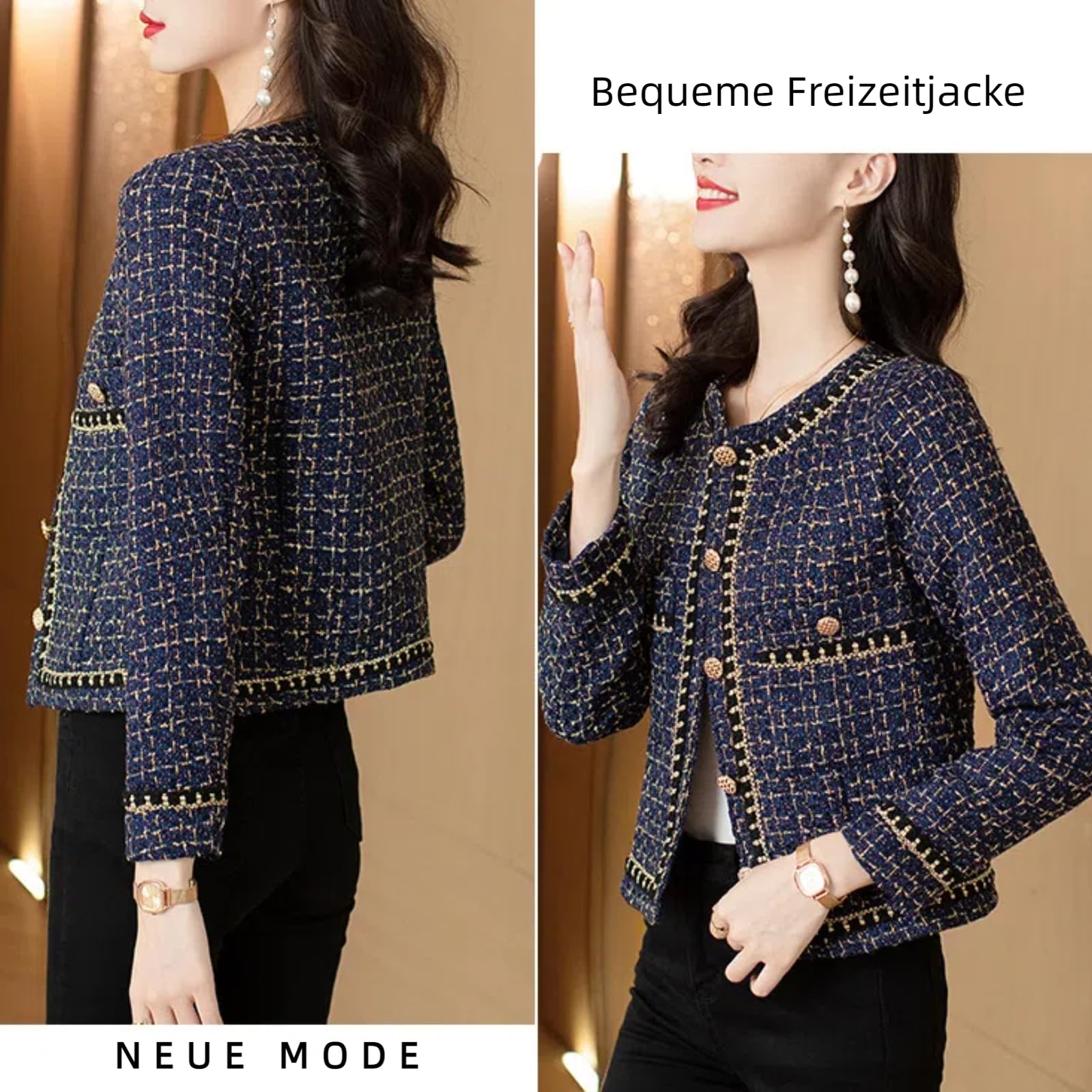 Tweed Blazer Damen im Chanel Stil | Damen Elegante Rundhals Tweed Jacken Kleine Duftende Stil Jacke Mantel Tops