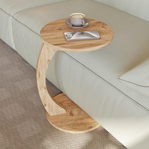 sugodesign Couchtisch mit Rollen, Kleiner Beistelltisch C Form, stylischer Sofatisch in schöner Nussbaum Holz Optik, runder Tisch als Ablagefläche für Couch und Sofa
