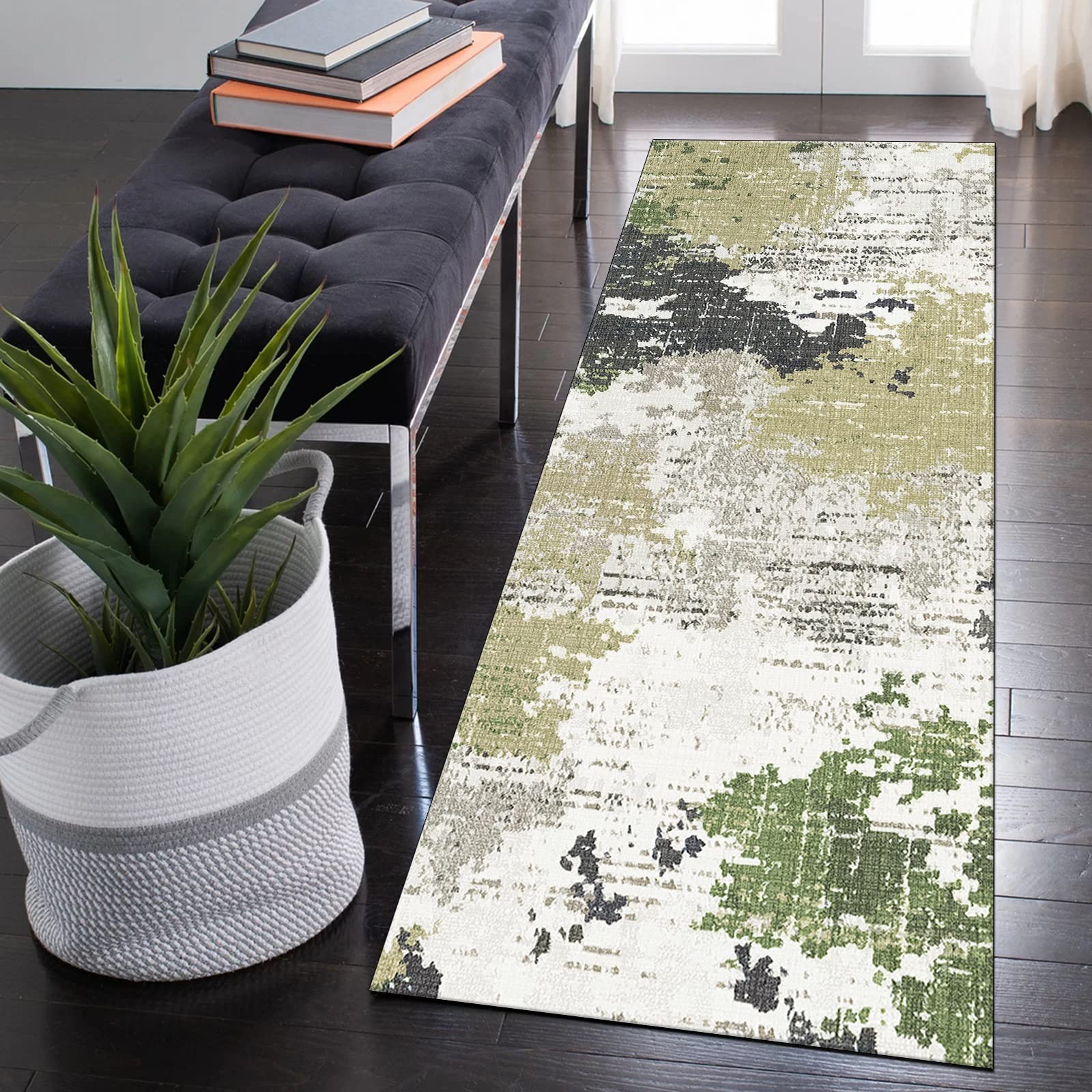 Ymural Loper, vloerkleed voor hal, 100 x 180 cm, groengrijs, antislip vloerkleed, wasbare patchwork, antislip lange tapijtloper voor hal, slaapkamer, deuropening, trappen, op maat te maken