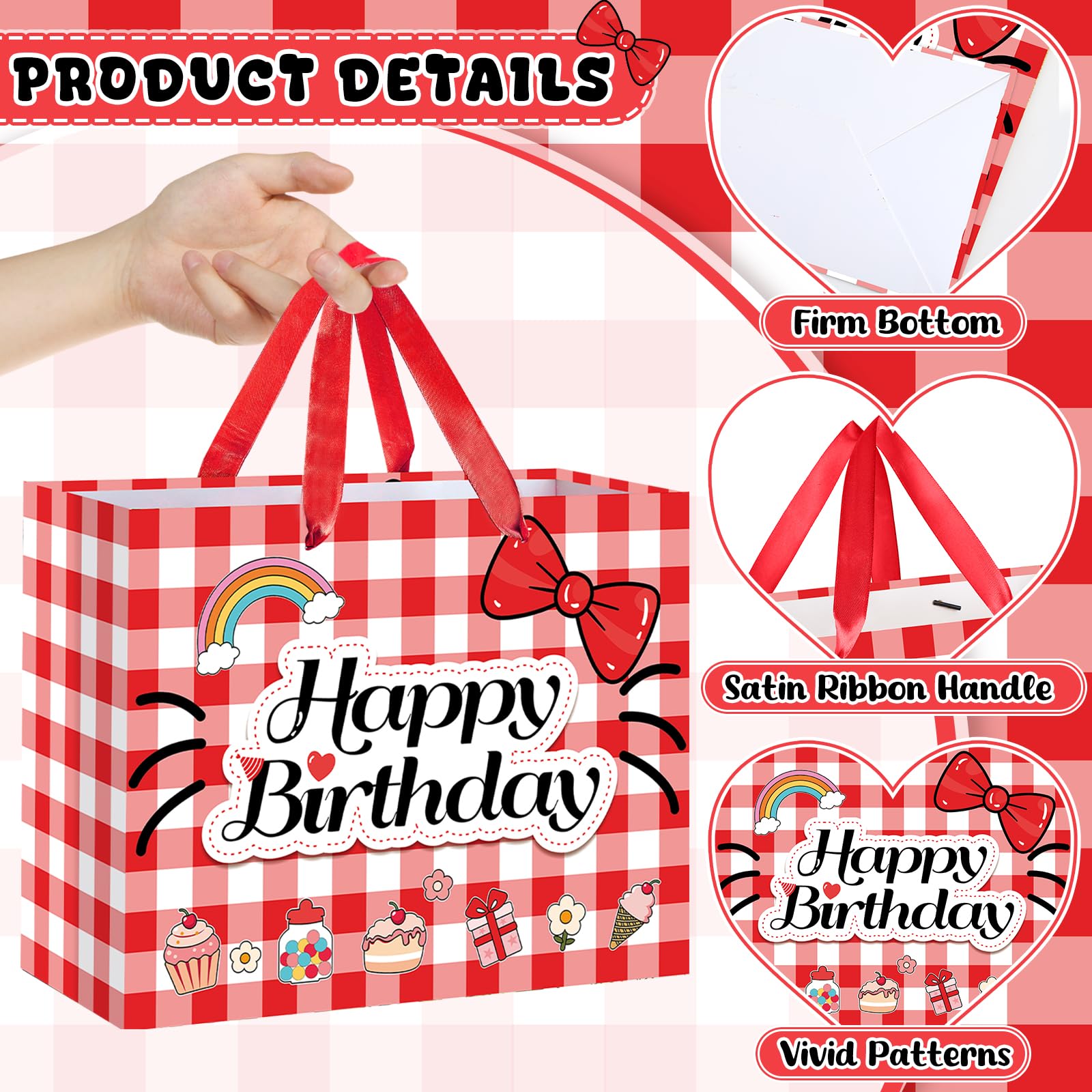 Red Gingham Cat Gift Bag Kawaii Cartoon Birthday Bag with Greeting Card & Tissue Paper - Rainbow Bowknot Cherry Sweet Party Favor Bag for Girls, Kids, Baby Shower, Picnic Party Supplies