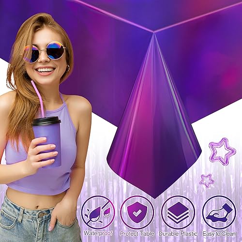 Miniatura 3 de 2 manteles de plástico iridiscentes morados, desechables brillantes de 54 x 72 pulgadas, mantel rectangular holográfico con láser, mantel de