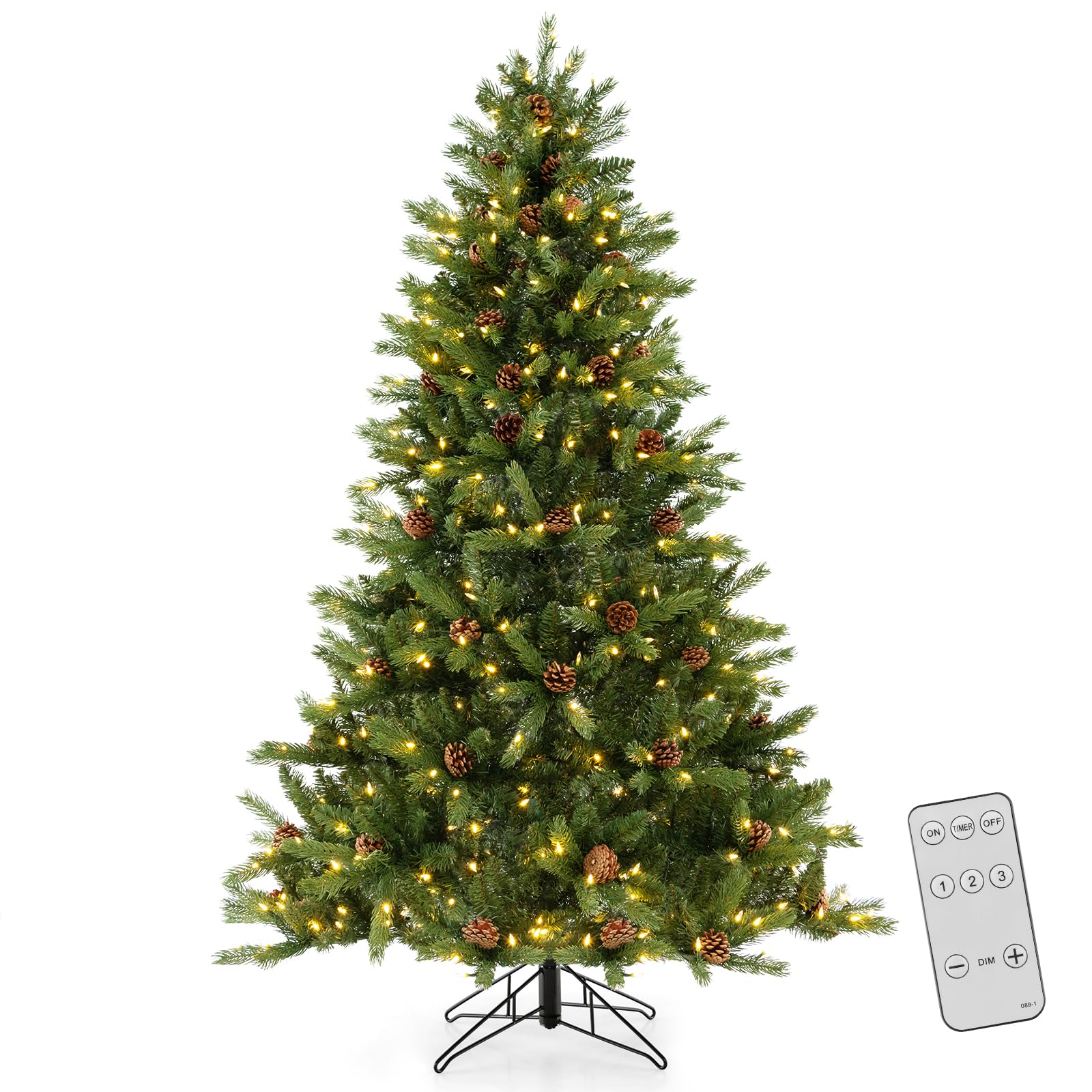 Pre-Lit Christmas Tree, 3-Minute Quick Shape Artificial Xmas Tree with Power Connector, Remote, 470 LED Lights, Pine Cones, 3 Lighting Modes, Timer, Holiday Decoration Tree for Home Office