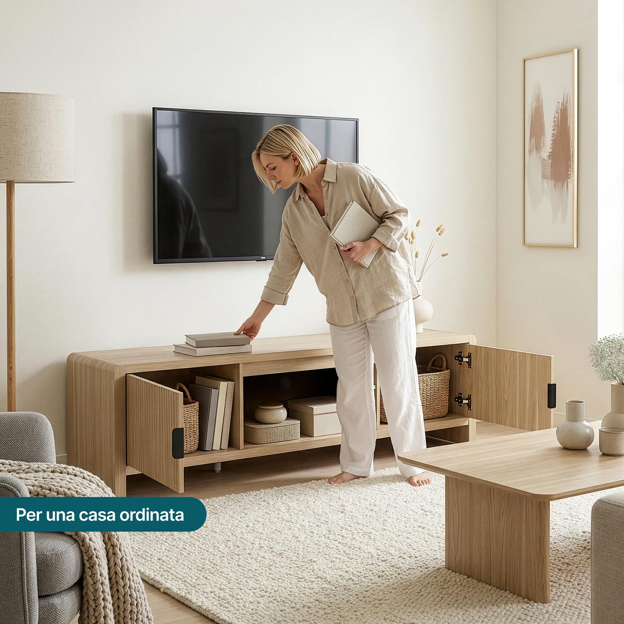 [en.casa] Mobile TV con 2 Ante e Vano Centrale Aperto Tavolino Porta TV con Foro Passacavi Stand Multimediale per Soggiorno Salotto 150x40x40 cm Effetto Rovere