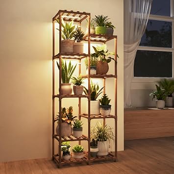 Bamworld Plant Stand with Grow Lights, 9 Tier Tall Large Wood Plant Shelf | Indoor Outdoor Multi Tier Flower Stands Garden Shelves Wooden Plant Display Holder Rack for Living Room Corner
