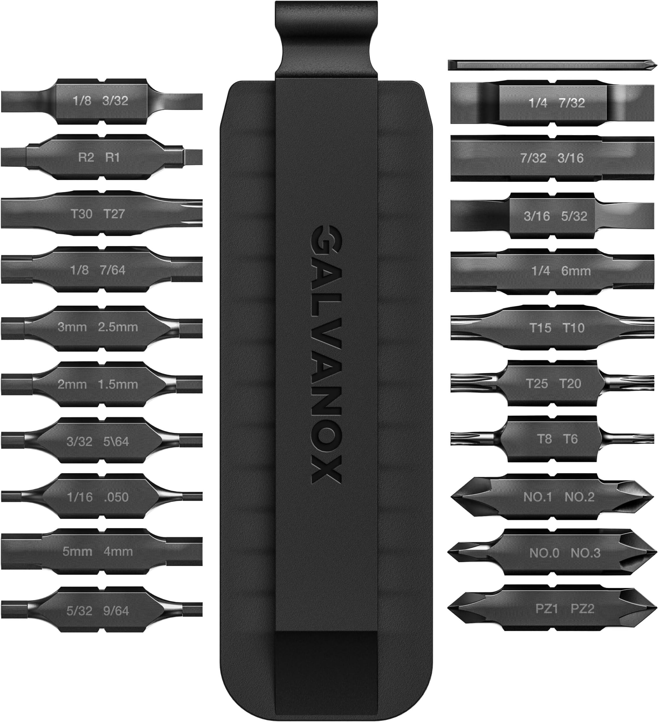 Galvanox 21PC Flat Bit Kit Designed for Leatherman Multitool Driver, (Industrial Grade) 59-HRC Hardened S2 Impact Steel, Black Carbon (Double Sided Sheath Holder)