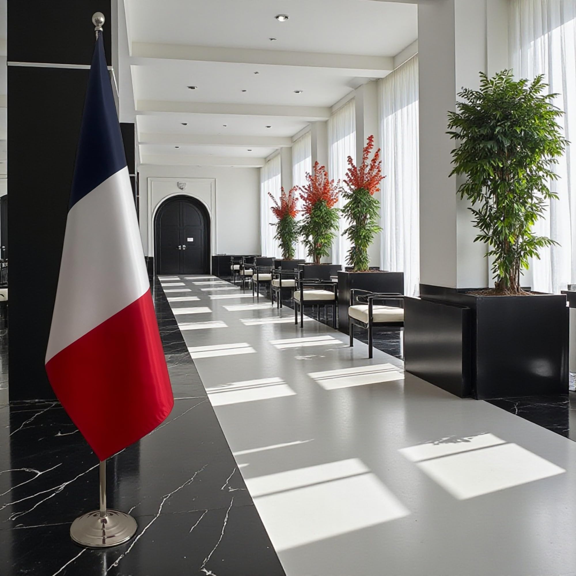 Drapeau France sur pied avec mât – Affichage Officiel pour Ambassades, Bureaux, Salles de Réunion et Événements Diplomatiques. Code CN1-FR