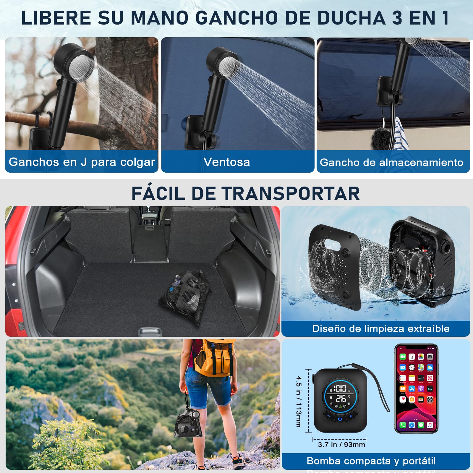 Spopal Ducha Portatil Camping, [Pantalla Temperatura] 8000mAh Recargable Ducha Camper, Modo de 5 Velocidad, 180Min de Larga Duración, Ducha Electrica para Acampar, Hacer Caminatas, Duchas para Perros