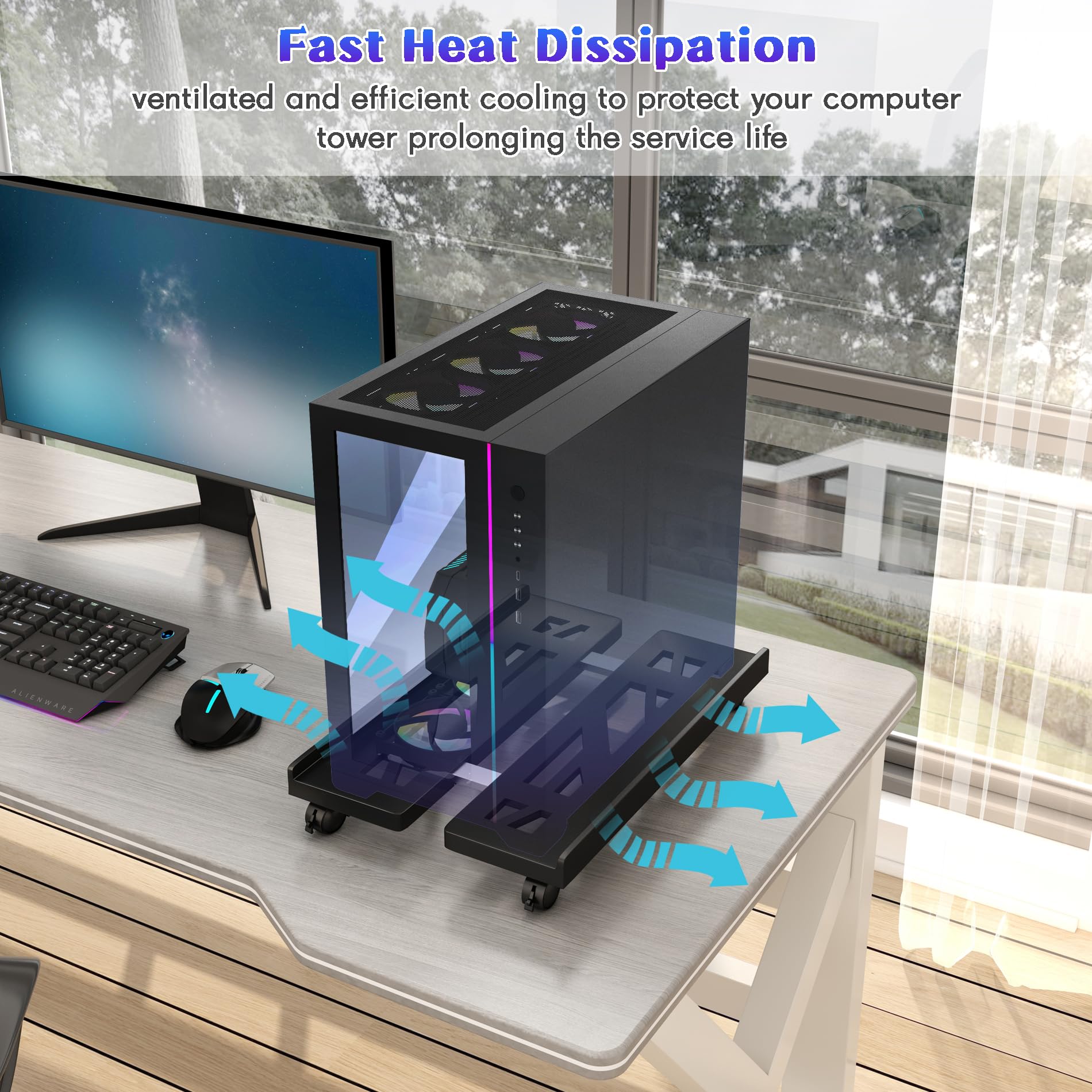 Support CPU Mobile Réglable Avec 4 Roulettes – Chariot Pour Tour PC Sous Bureau, Dissipation Chaleur, 2 Roues Verrouillables, Blanc – Parfait Pour Tous Ordinateurs