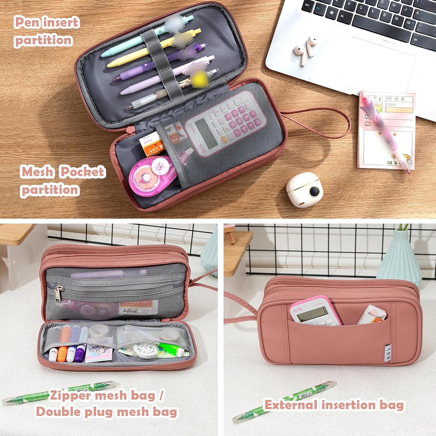 NOL Natural Organic Lifestyle Large Capacity Pencil Case Zipper Pencil Purse 3 Compartment Pencil Pouch Office Stationery Organizer Multi-functional Pencil Bag for School Girl Boy Adults - Dark pink - Image 5