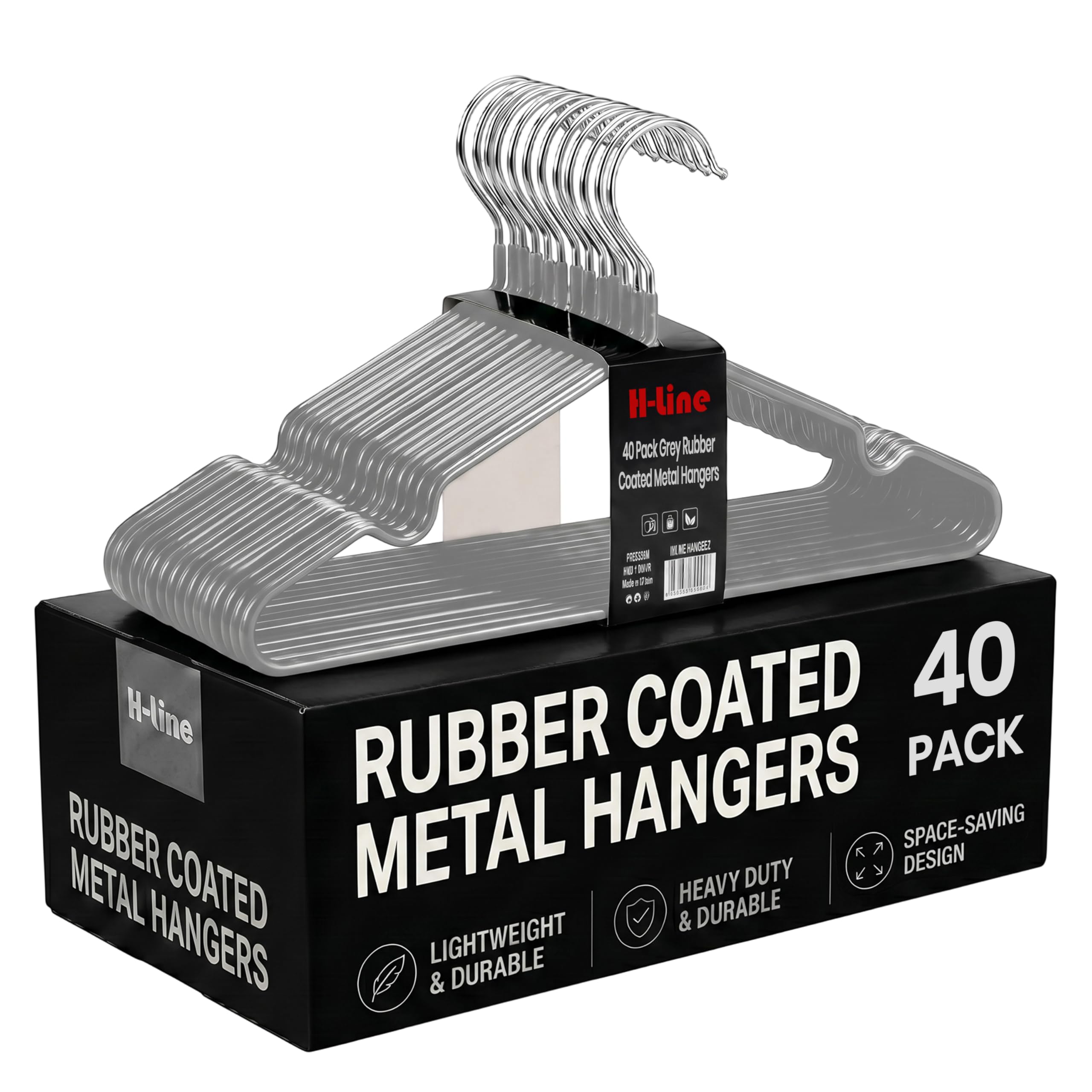 H-line Metal Hangers Rubber Coated 40 Pack Heavy Duty Strong Clothes Space Saving Organiser Hangers For Wardrobes Coat Rack Rails & Closet Thin and Non-Slip Clothing Hanger (Grey)