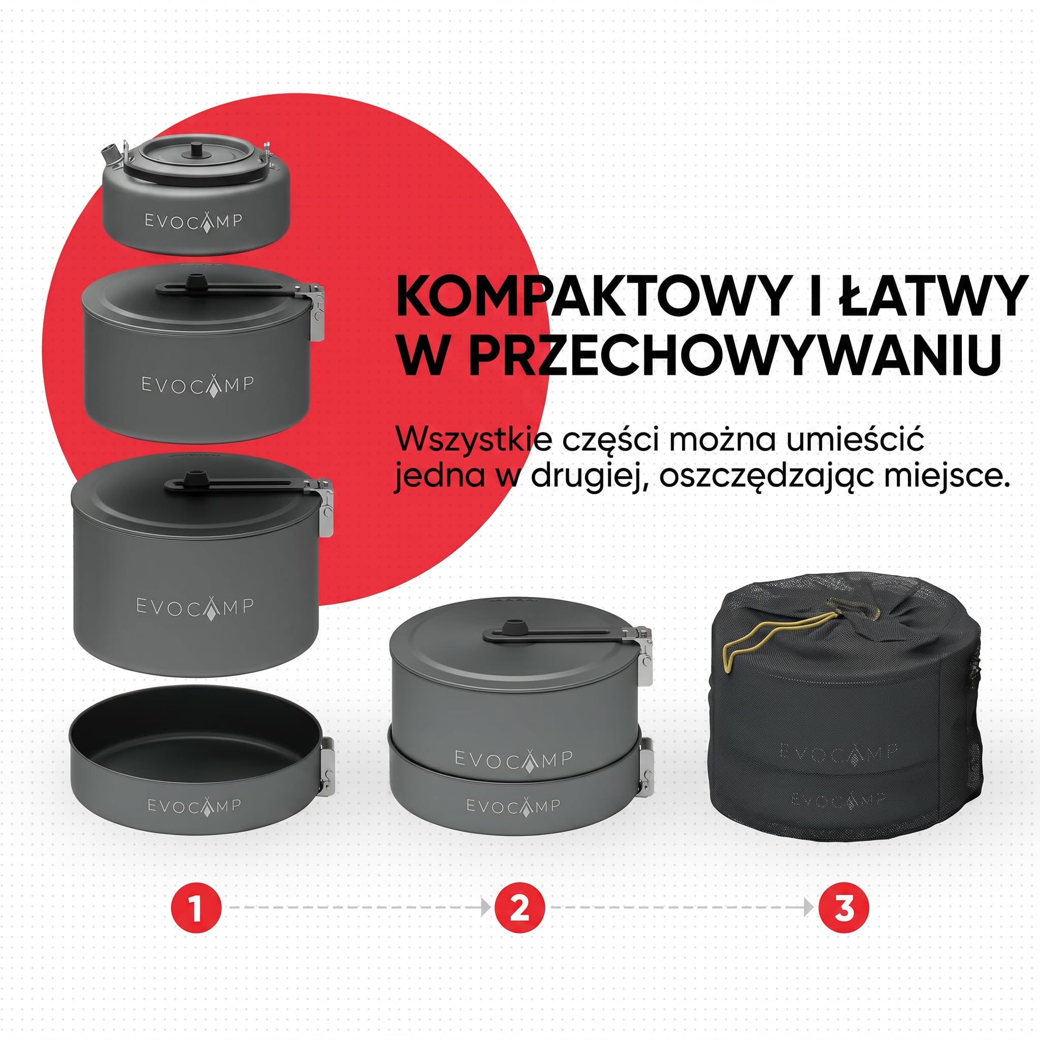 EVOCAMP Zestaw naczyń kuchennych do gotowania na kemping 4-częściowy aluminium, lekkie składane uchwyty i torba, kuchnia outdoor