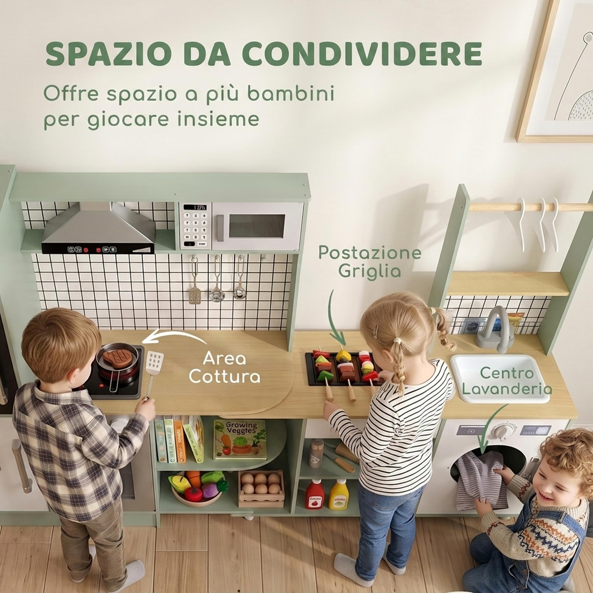 AIYAPLAY Cucina Giocattolo per Bambini Girevole 360° Verde Chiaro