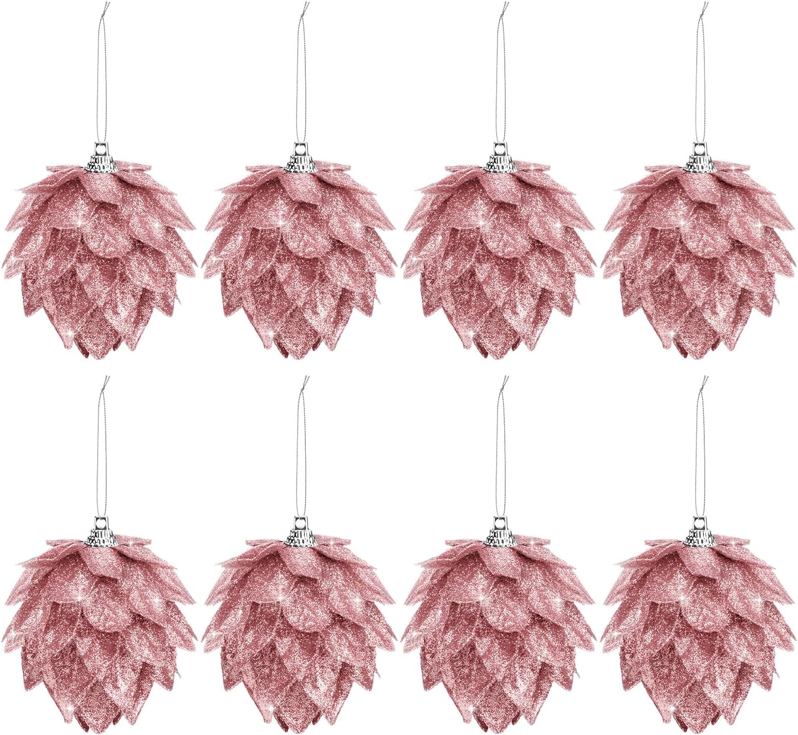 Jetec 8 Pieces Christmas Ornaments Glitter Christmas Tree Hanging Decoration Decorative Artificial Pine Cones Flowers Hanging Ornaments for Winter Wreath Holiday Decor(Rose Gold)