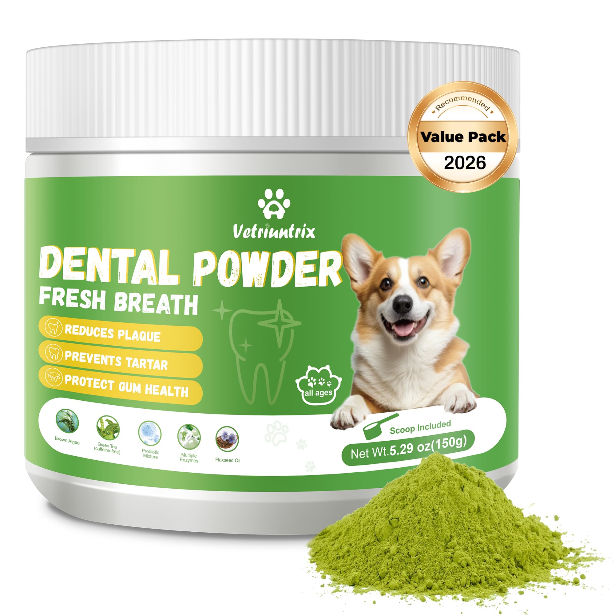 Vetriuntrix Dog Dental Care Powder - Plaque & Tartar Control with Natural Enzymes, Teeth Cleaning Powder for Dogs with Probiotic, Bad Breath Treatment for Small Medium Large Dogs (150g)