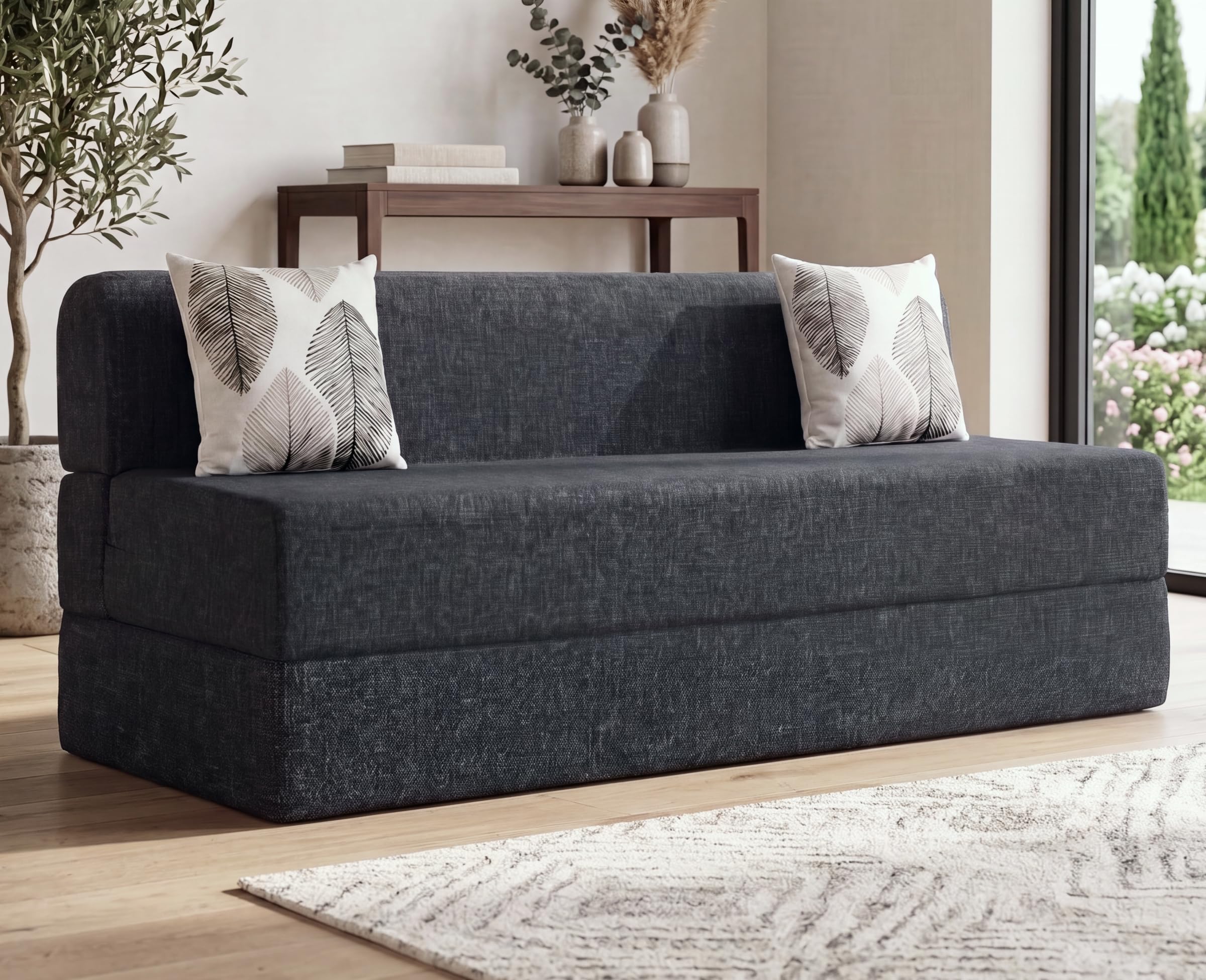 uberlyfe 3 Seater Sofa Cum Bed | 1 Year Warranty | Queen Mattress, Foldable Sofacum Bed | 15" Sofa Height |2 Cushions Threadbare Pattern |Jute Finish Fabric, Dark Grey | 6' X 6' Feet