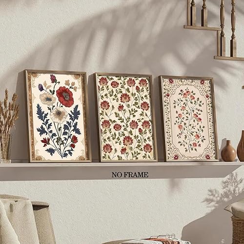 Miniatura 8 de Juego de 6 pósteres de arte para pared con diseño floral vintage, cuadros rústicos de pájaros y flores, pinturas botánicas neutrales retro de pavo