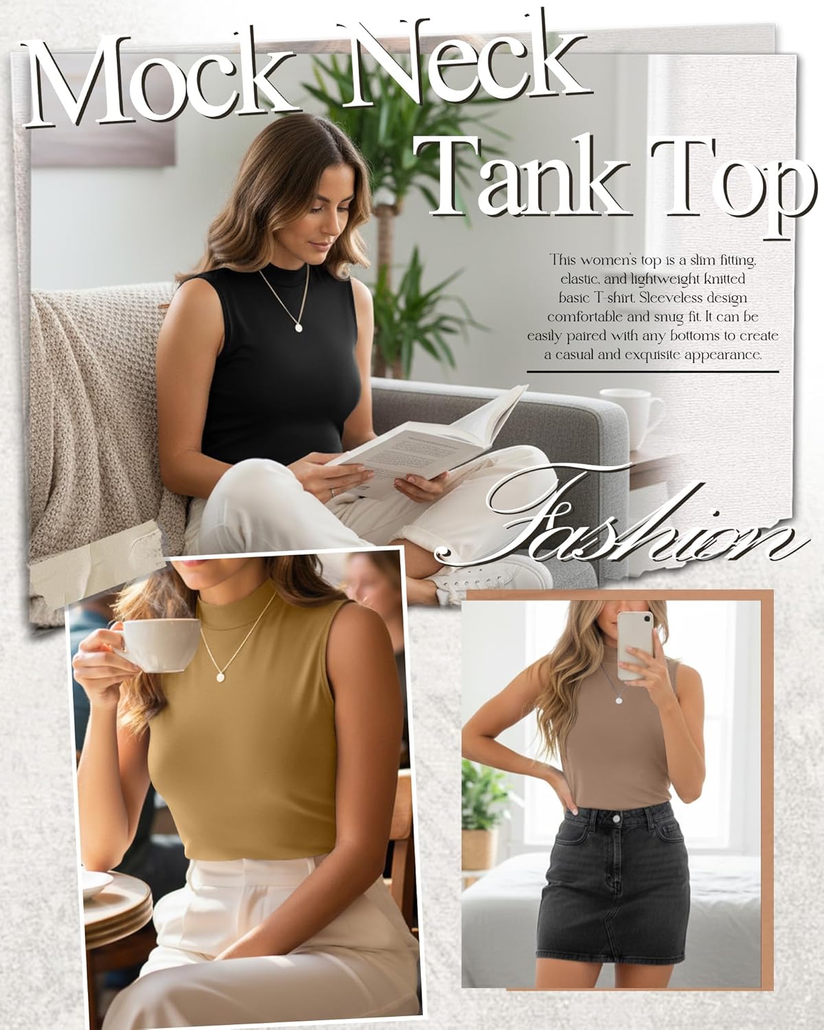 Ficerd 3 Pack Women's Sleeveless Tank Tops, Mock Neck Summer Shirts Slim Stretch Basic Tops Lightweight Knit Tee - Image 2