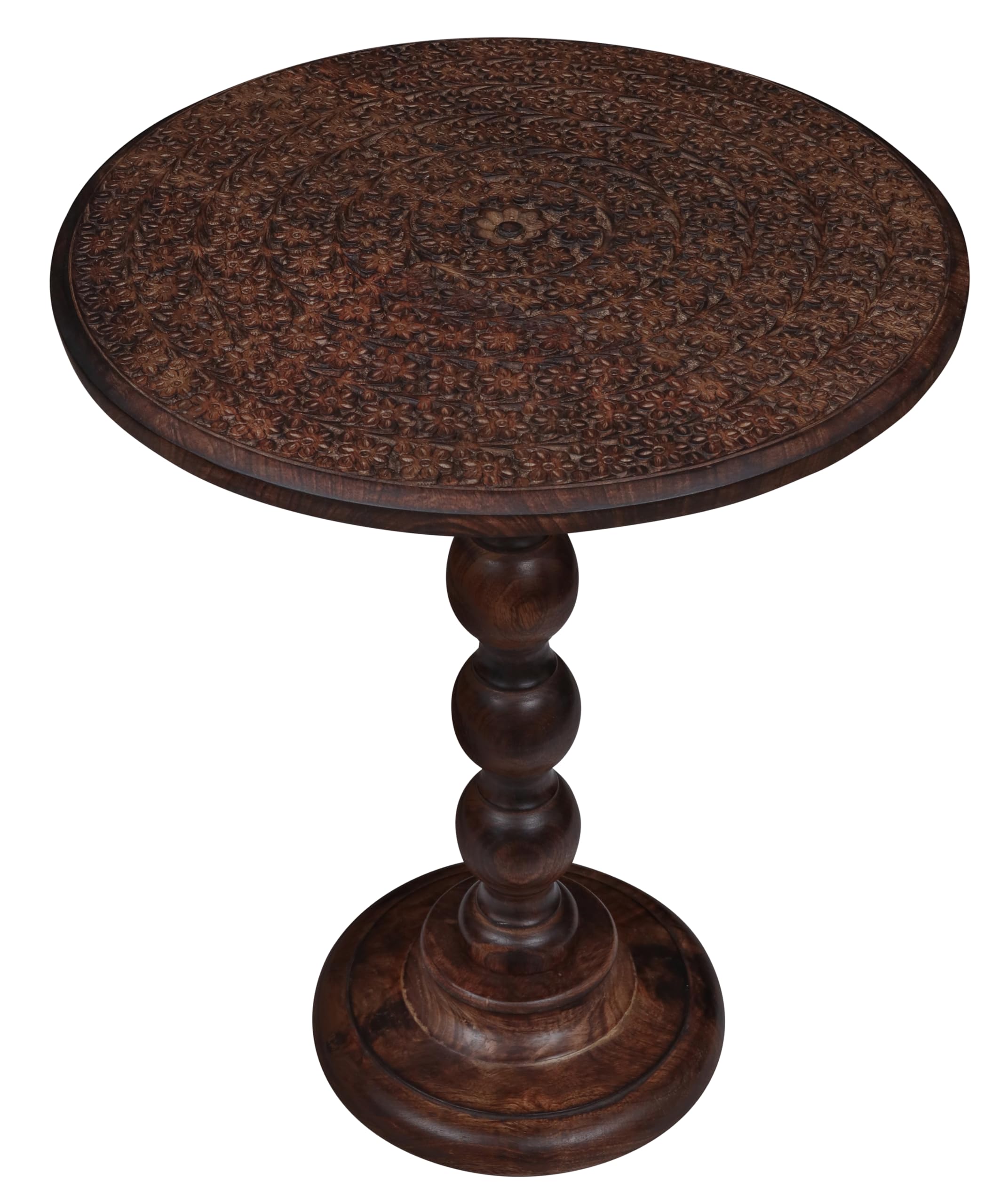 Round Side Table 18x22", Small Drink Table, Hand-Carved Solid Wood