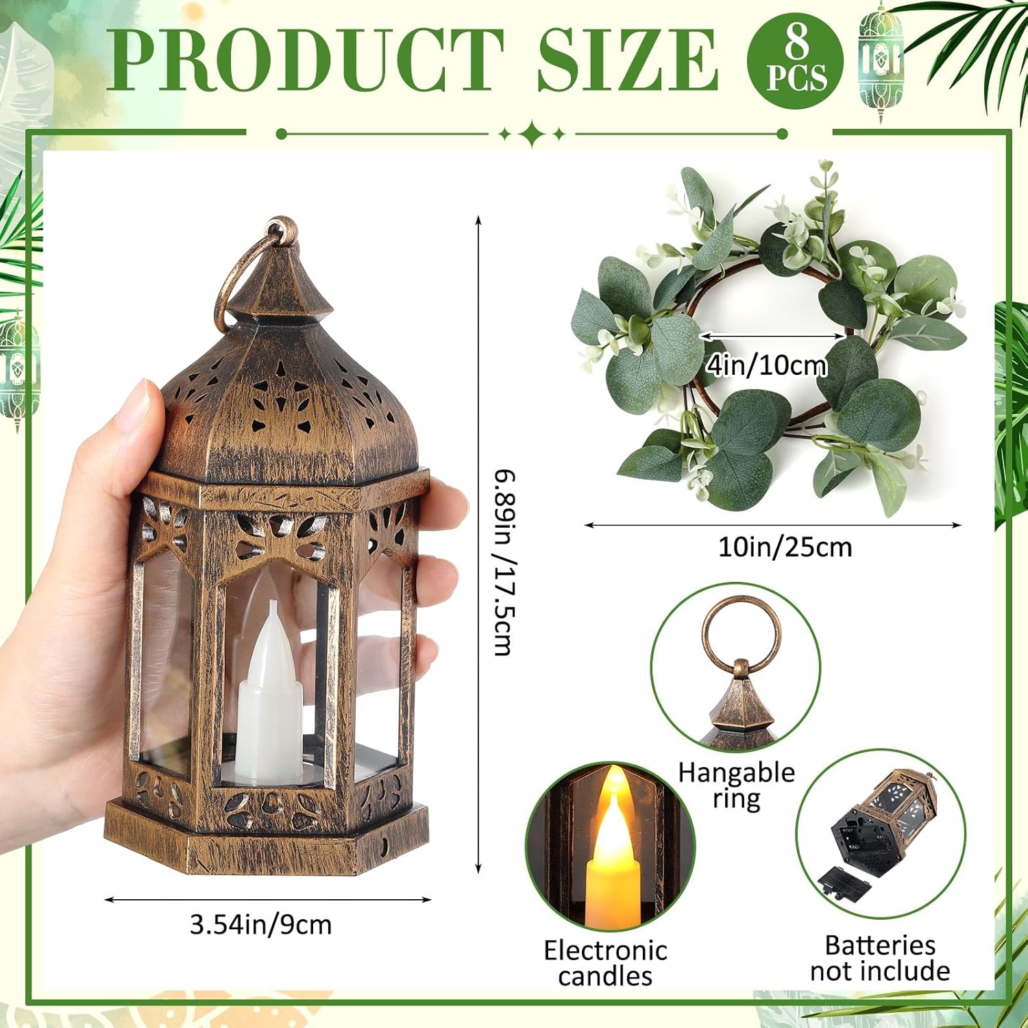 8 Sets 7in Large Vintage Ramadan Lantern, LED Candle Lantern Decorative with Artificial Eucalyptus Candle Rings for Wedding Centerpiece Decor Party Table Decorations Valentine's Day Decor