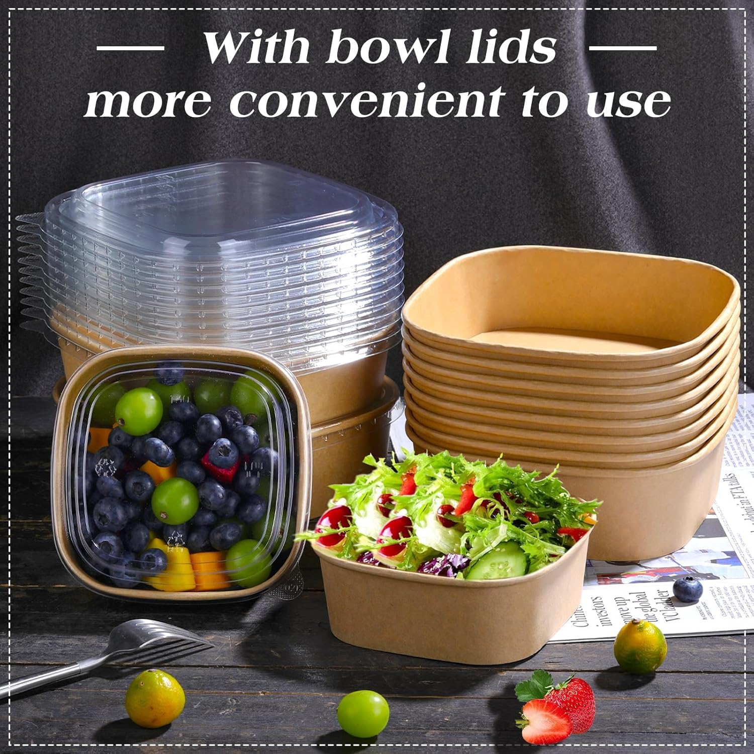 40 Pack 17 oz Paper Bowls, Disposable Food Containers with Lids, Square Disposable Bowls, Disposable Salad Bowls with Lids for Diet Salad, Ice Cream, Yogurt, Party Food