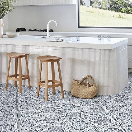 Miniatura 4 de Elffloor Azulejo de suelo autoadhesivo: 10 piezas autoadhesivas, impermeables, 11.8 x 11.8 pulgadas, diseño retro de flores azules para baño,